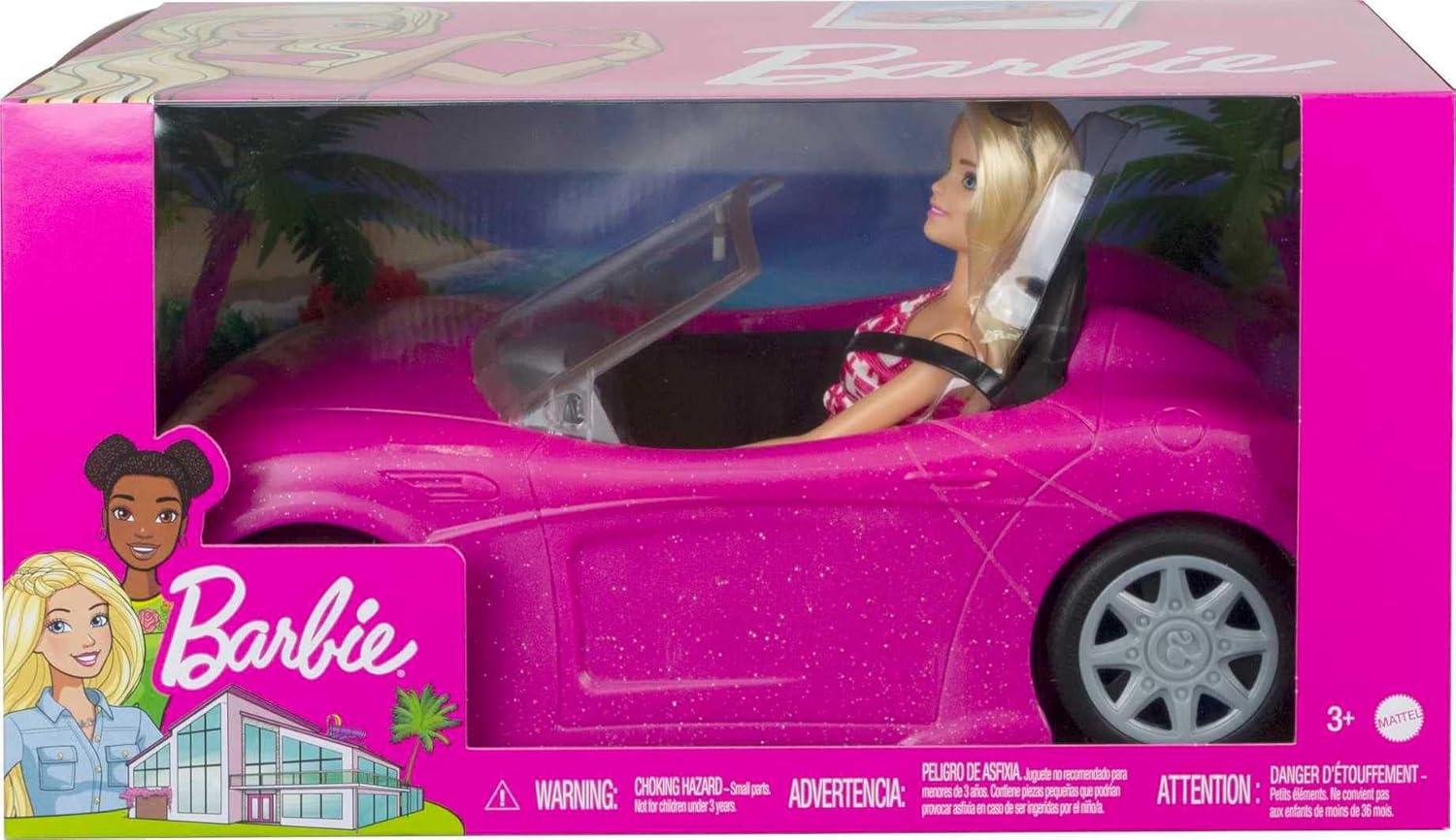 imageBarbie Playset with Sparkly Pink 2Seater Toy Convertible Car Featuring Glam Details ampamp Fashion Doll in Sundress ampamp Sunglasses Amazon ExclusiveOne Size