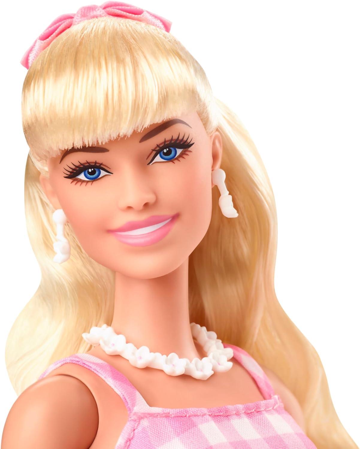 imageBarbie The Movie Doll Margot Robbie as Collectible Doll Wearing Pink and White Gingham Dress with Daisy Chain NecklaceModern