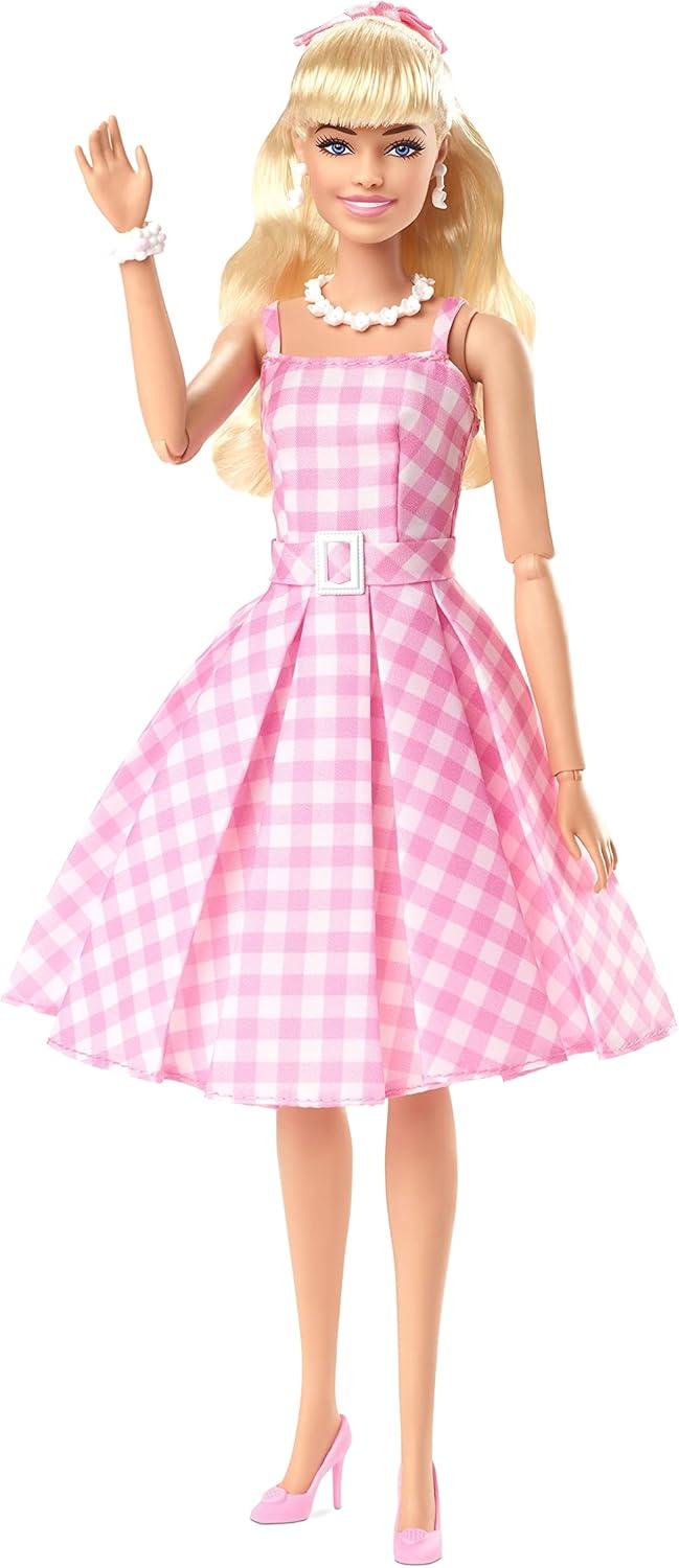 imageBarbie The Movie Doll Margot Robbie as Collectible Doll Wearing Pink and White Gingham Dress with Daisy Chain NecklaceModern