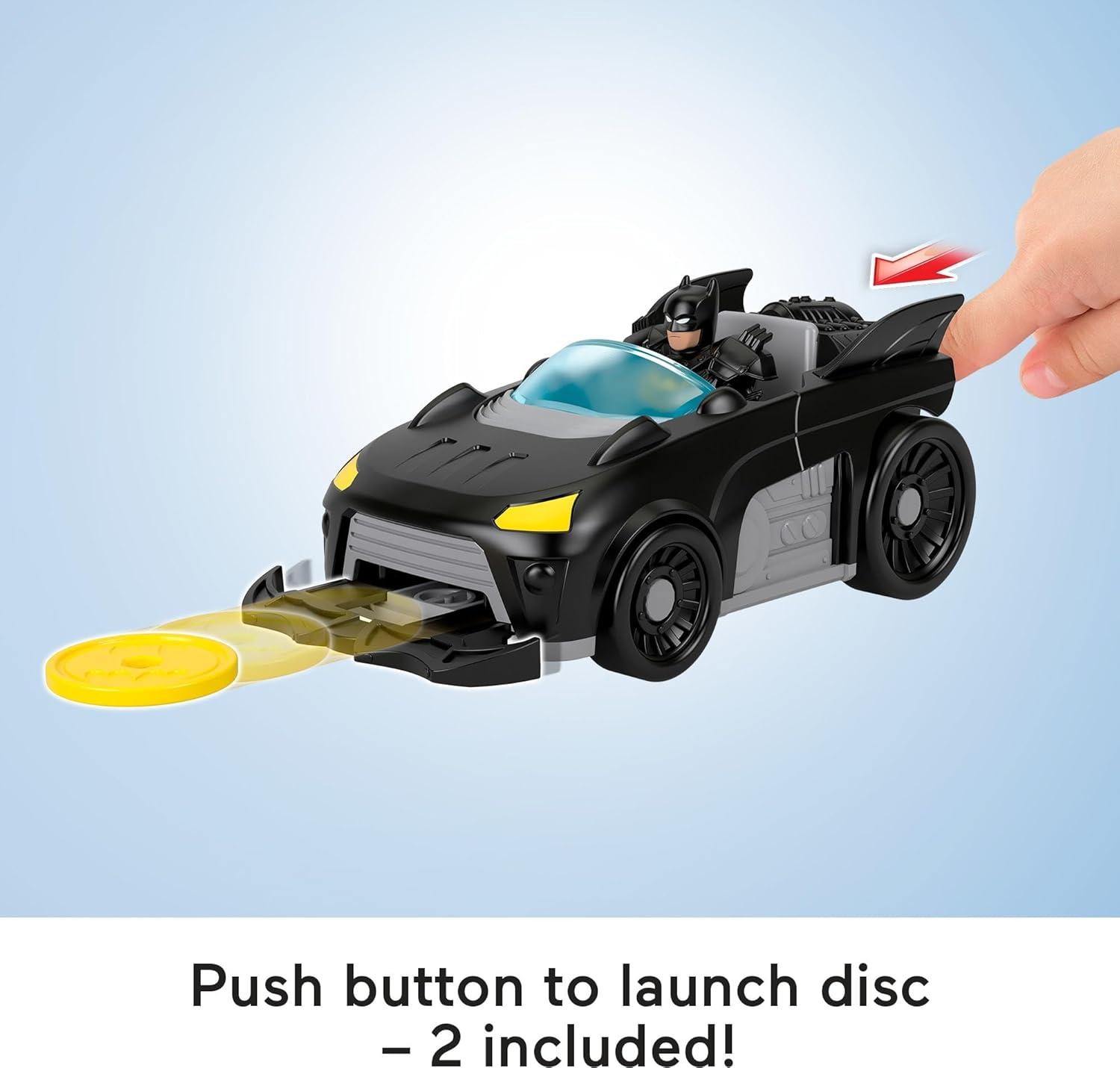 imageFisherPrice Imaginext DC Super Friends Metal Force Batmobile Toy Car 3inch Batman Action Figure ampamp Accessories Set Includes Launcher ampamp 2 Discs