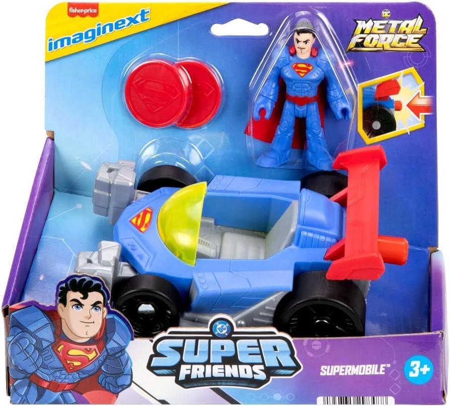 imageFisherPrice Imaginext DC Super Friends Metal Force Supermobile Toy Car 3inch Superman Action Figure ampamp Accessories Set Includes Launcher ampamp 2 Discs