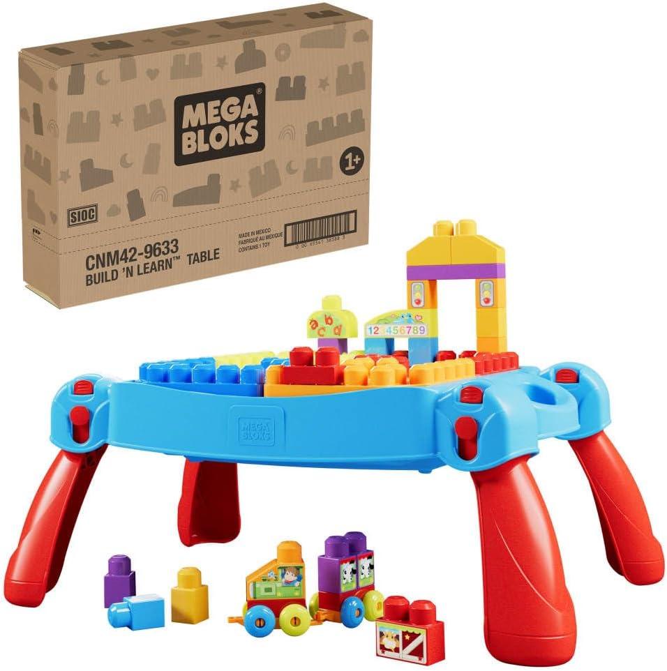 imageMEGA BLOKS First Builders Toddler Blocks Toy Build n Learn Portable Activity Table with 30 Pieces and Builtin Storage Blue Kids Ages 1 Years Amazon Exclusive