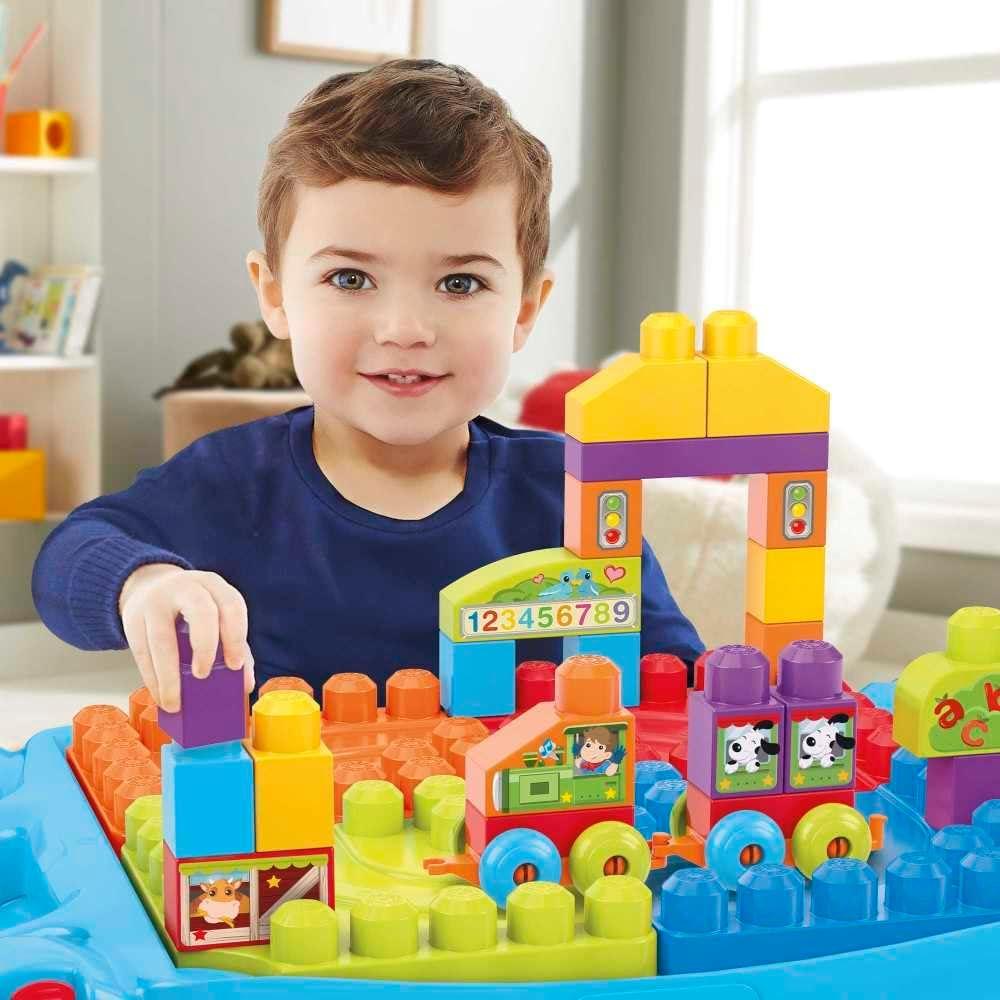 imageMEGA BLOKS First Builders Toddler Blocks Toy Build n Learn Portable Activity Table with 30 Pieces and Builtin Storage Blue Kids Ages 1 Years Amazon Exclusive