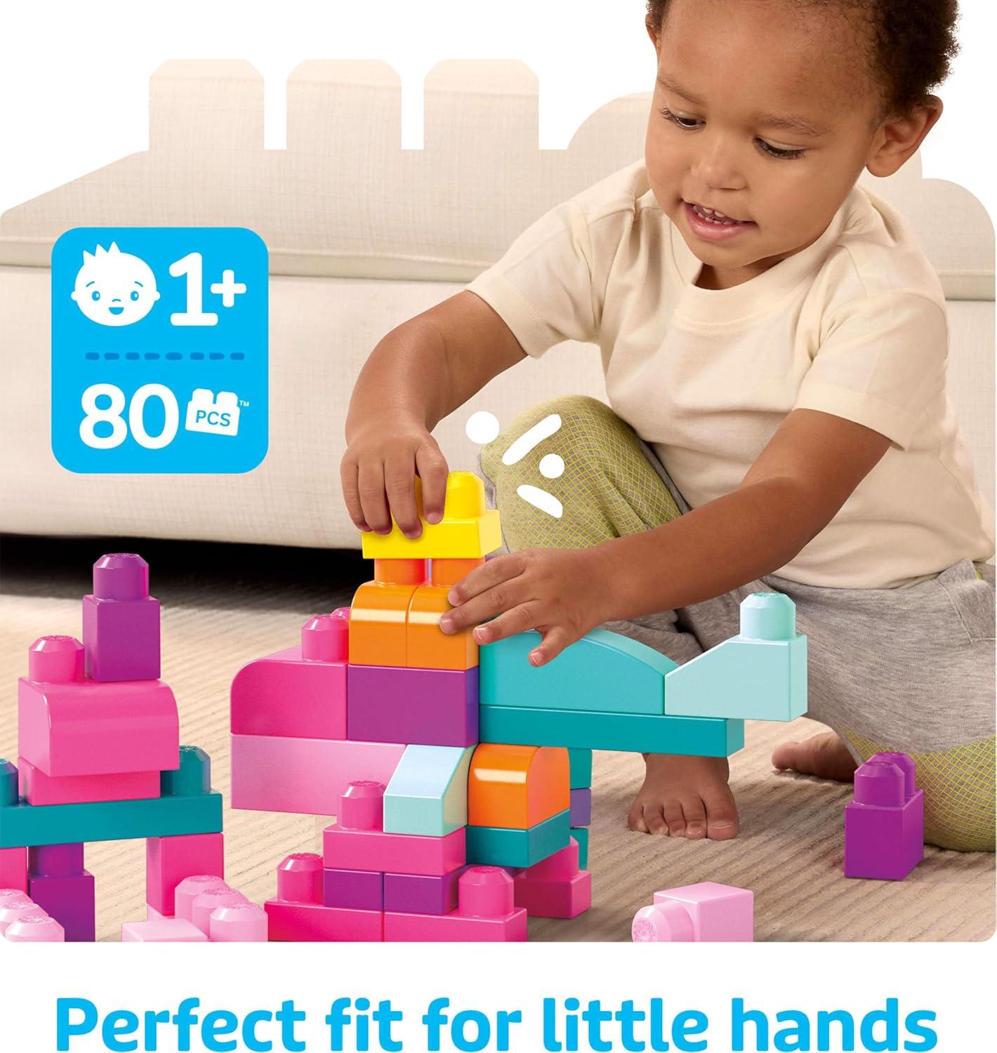 imageMEGA BLOKS First Builders Toddler Blocks Toys Set Big Building Bag Collection with 80 Pieces and Storage Pink Ages 1 YearsMulticolor