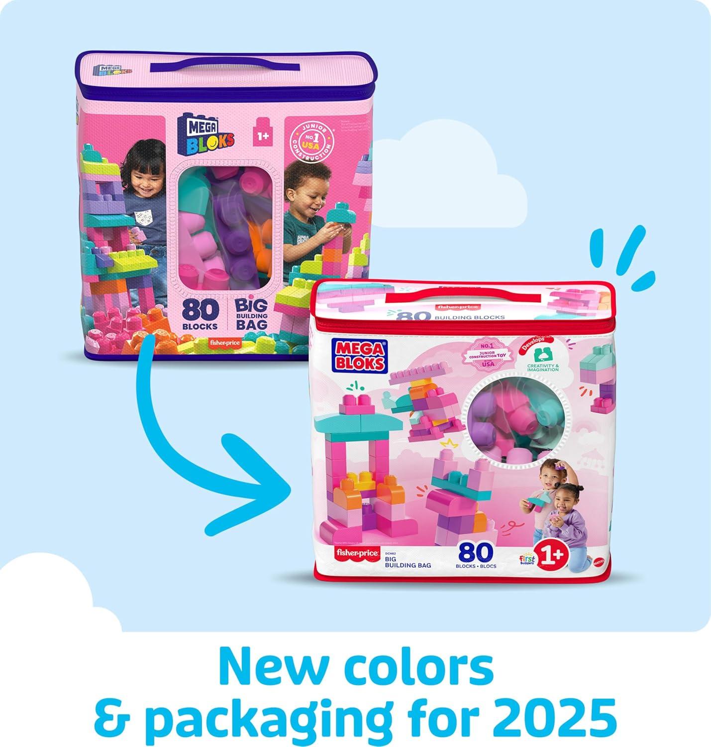 imageMEGA BLOKS First Builders Toddler Blocks Toys Set Big Building Bag Collection with 80 Pieces and Storage Pink Ages 1 YearsMulticolor