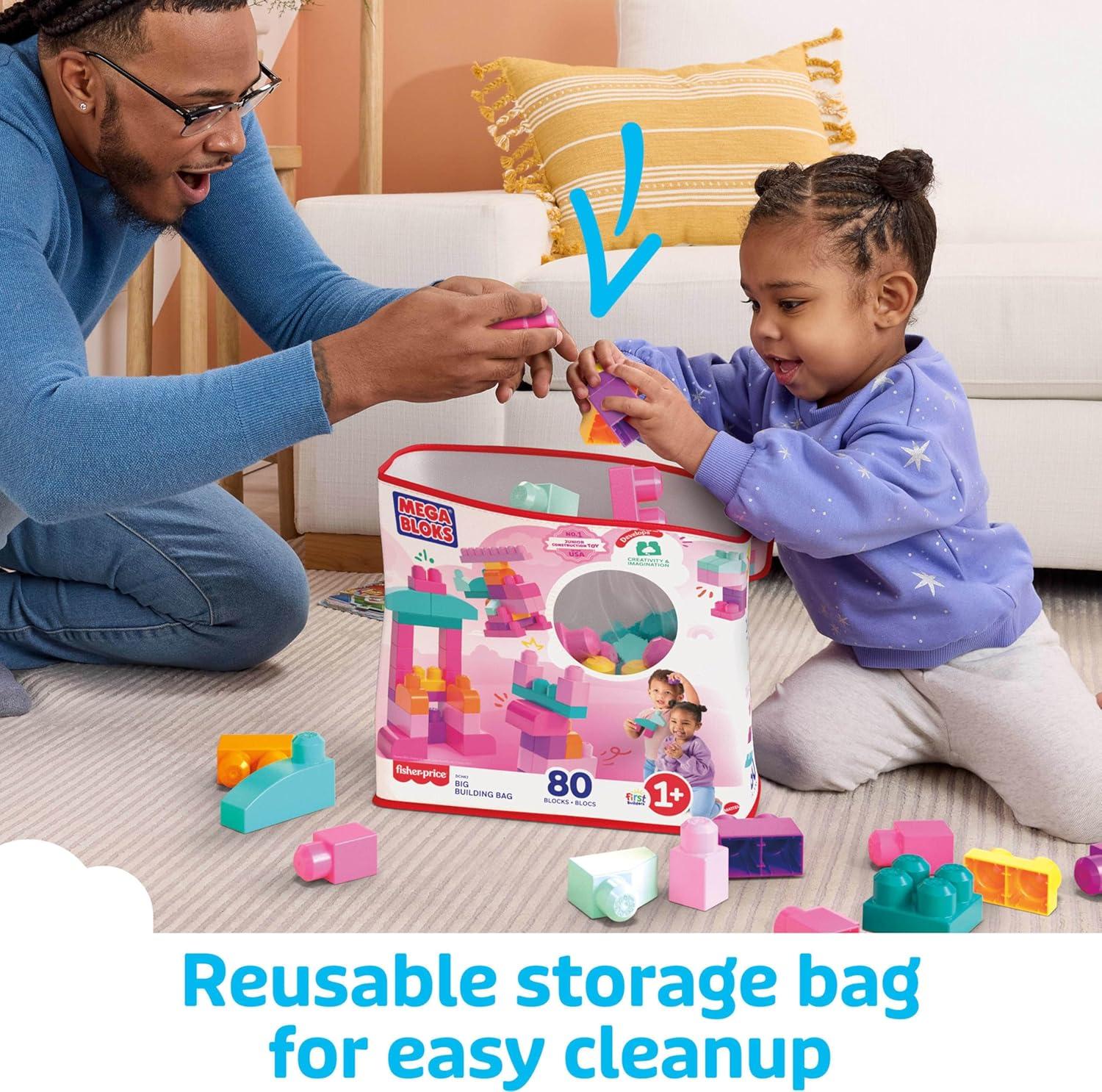 imageMEGA BLOKS First Builders Toddler Blocks Toys Set Big Building Bag Collection with 80 Pieces and Storage Pink Ages 1 YearsMulticolor