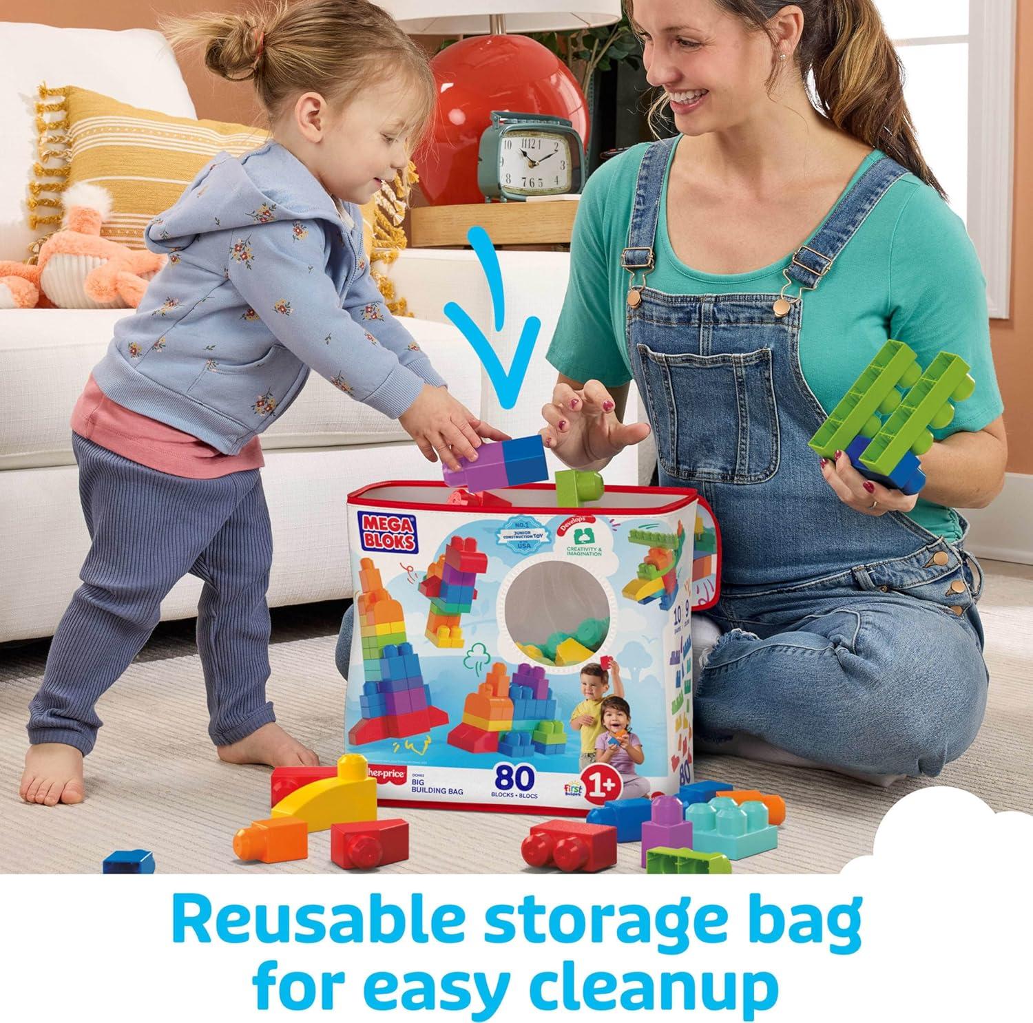 imageMEGA BLOKS First Builders Toddler Blocks Toys Set Big Building Bag with 80 Pieces and Storage Ages 1 Years