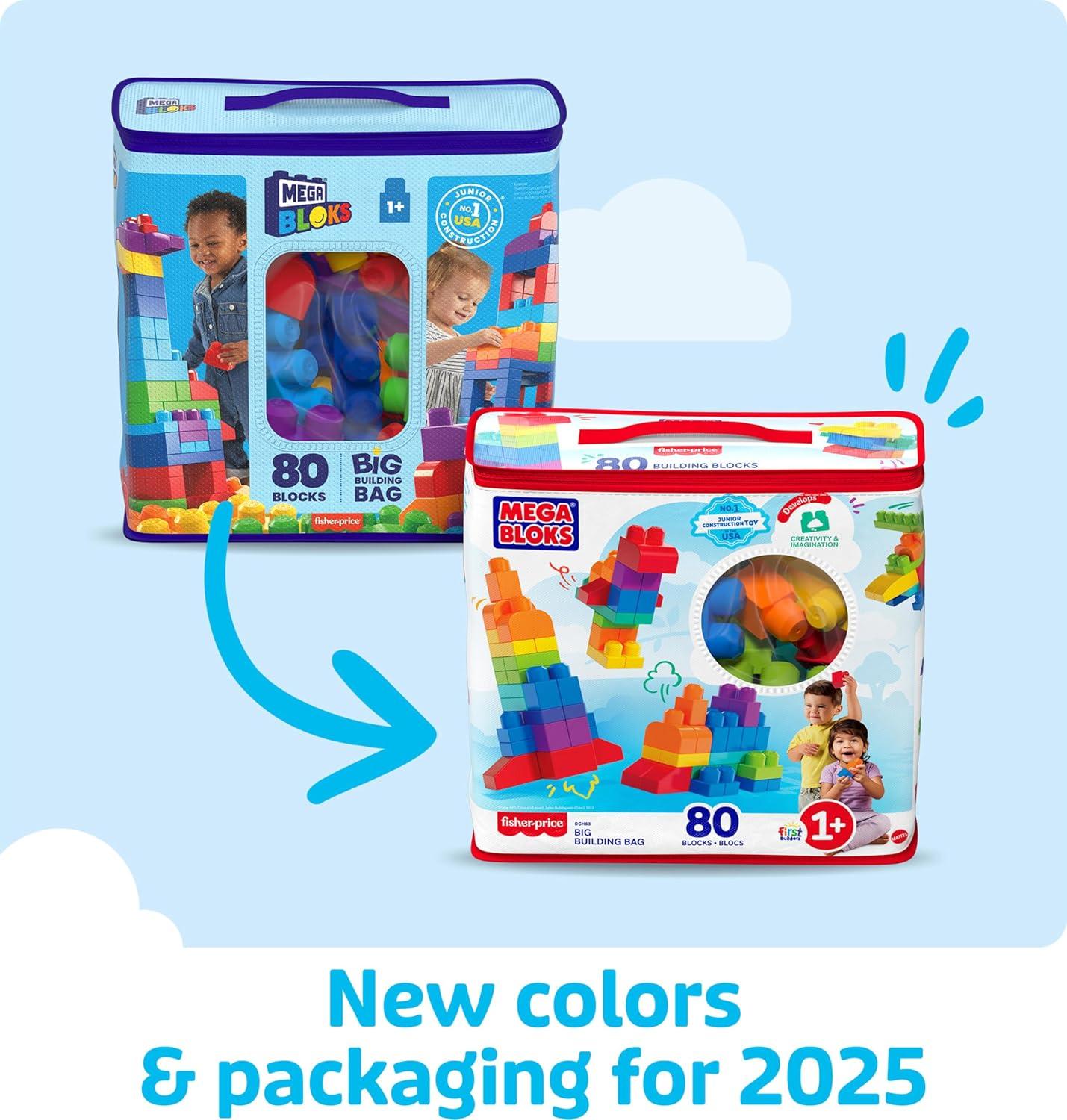 imageMEGA BLOKS First Builders Toddler Blocks Toys Set Big Building Bag with 80 Pieces and Storage Ages 1 Years