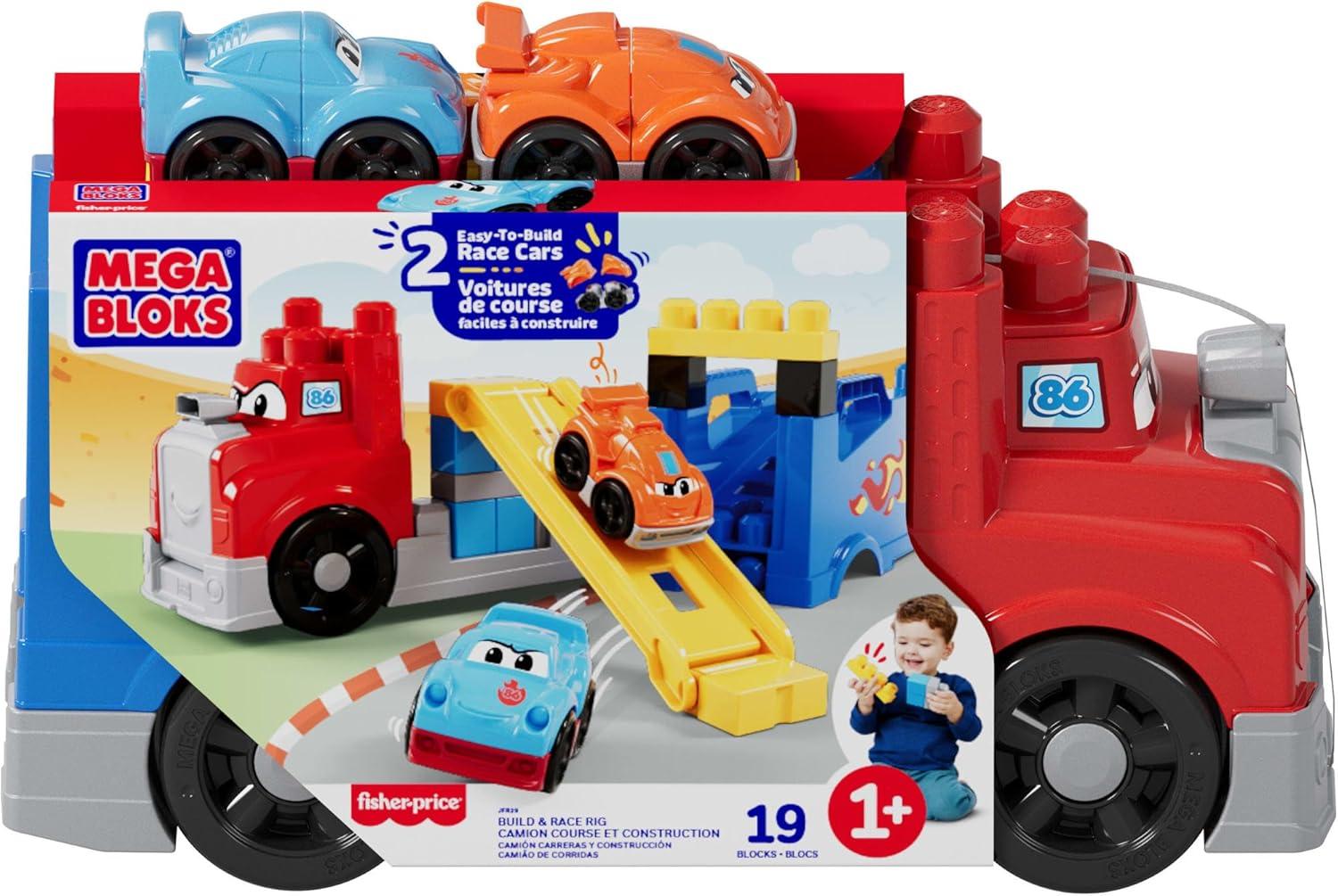imageMEGA BLOKS First Builders Toddler Building Blocks Toy Set Build ampamp Race Rig with 19 Pieces 2 Race Cars and Storage Red Ages 1 Years