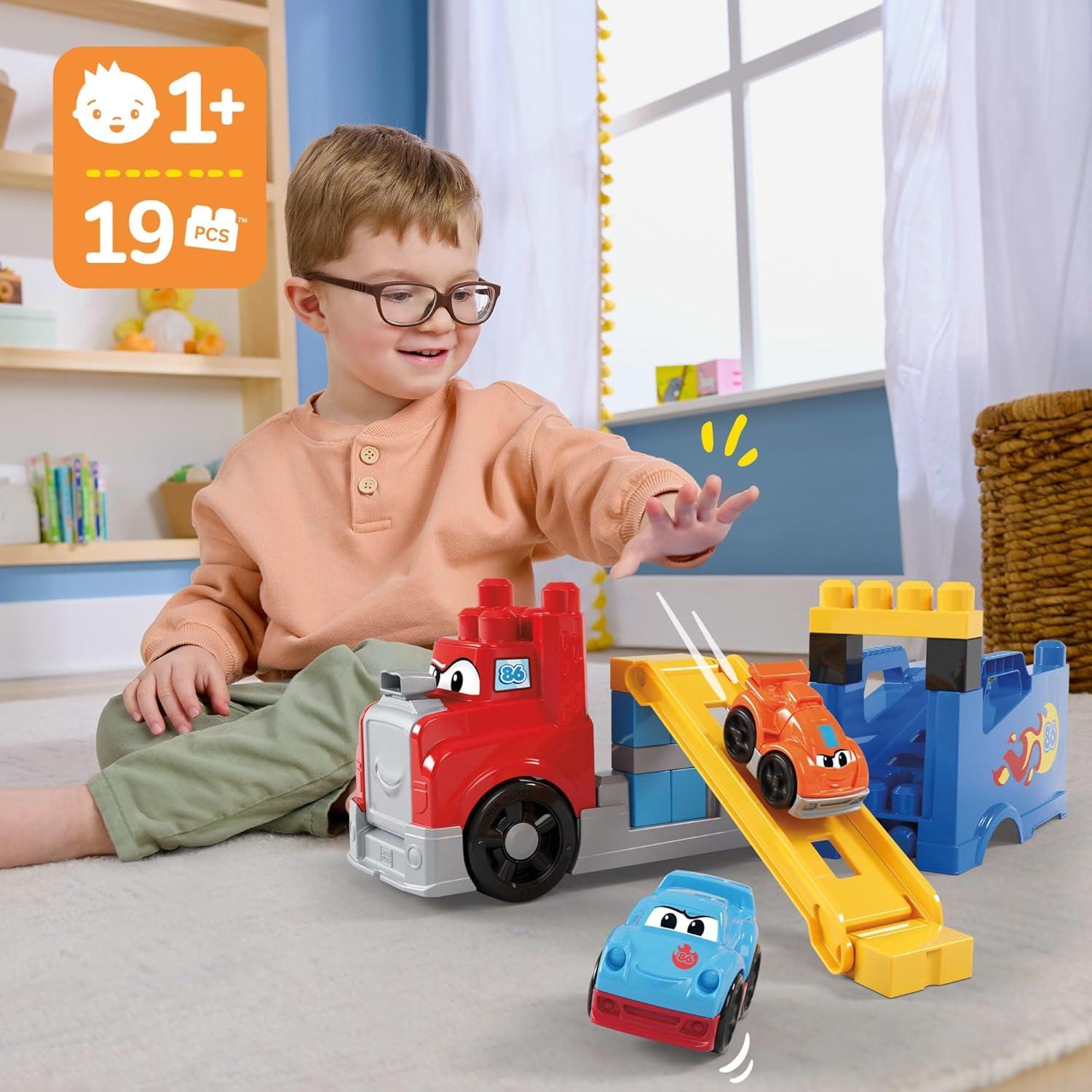 imageMEGA BLOKS First Builders Toddler Building Blocks Toy Set Build ampamp Race Rig with 19 Pieces 2 Race Cars and Storage Red Ages 1 Years