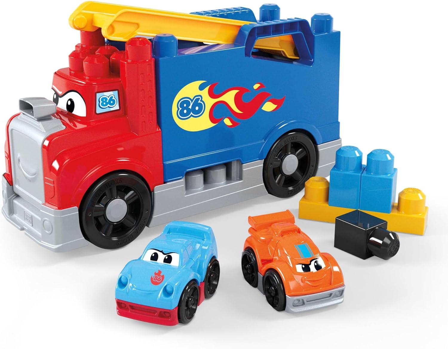 imageMEGA BLOKS First Builders Toddler Building Blocks Toy Set Build ampamp Race Rig with 19 Pieces 2 Race Cars and Storage Red Ages 1 Years