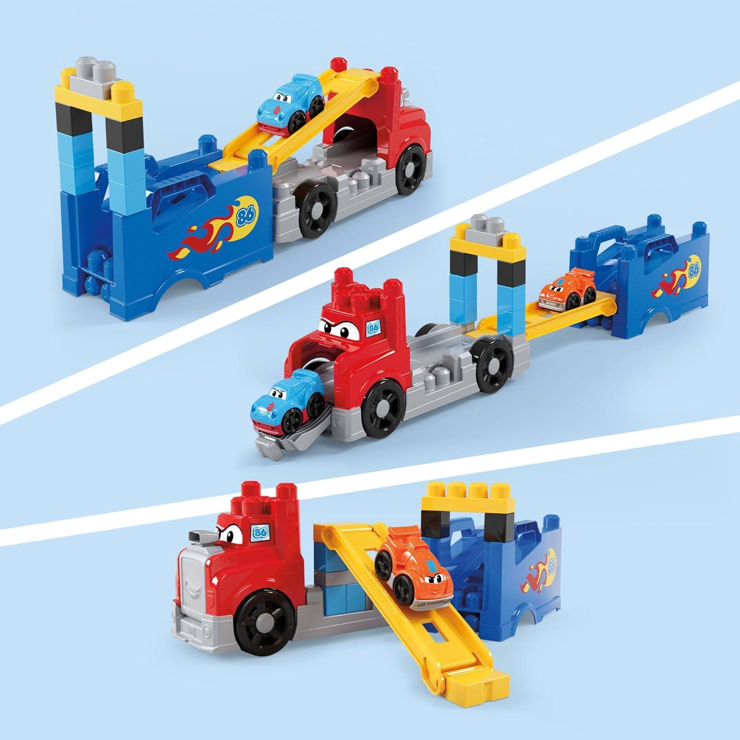 imageMEGA BLOKS First Builders Toddler Building Blocks Toy Set Build ampamp Race Rig with 19 Pieces 2 Race Cars and Storage Red Ages 1 Years