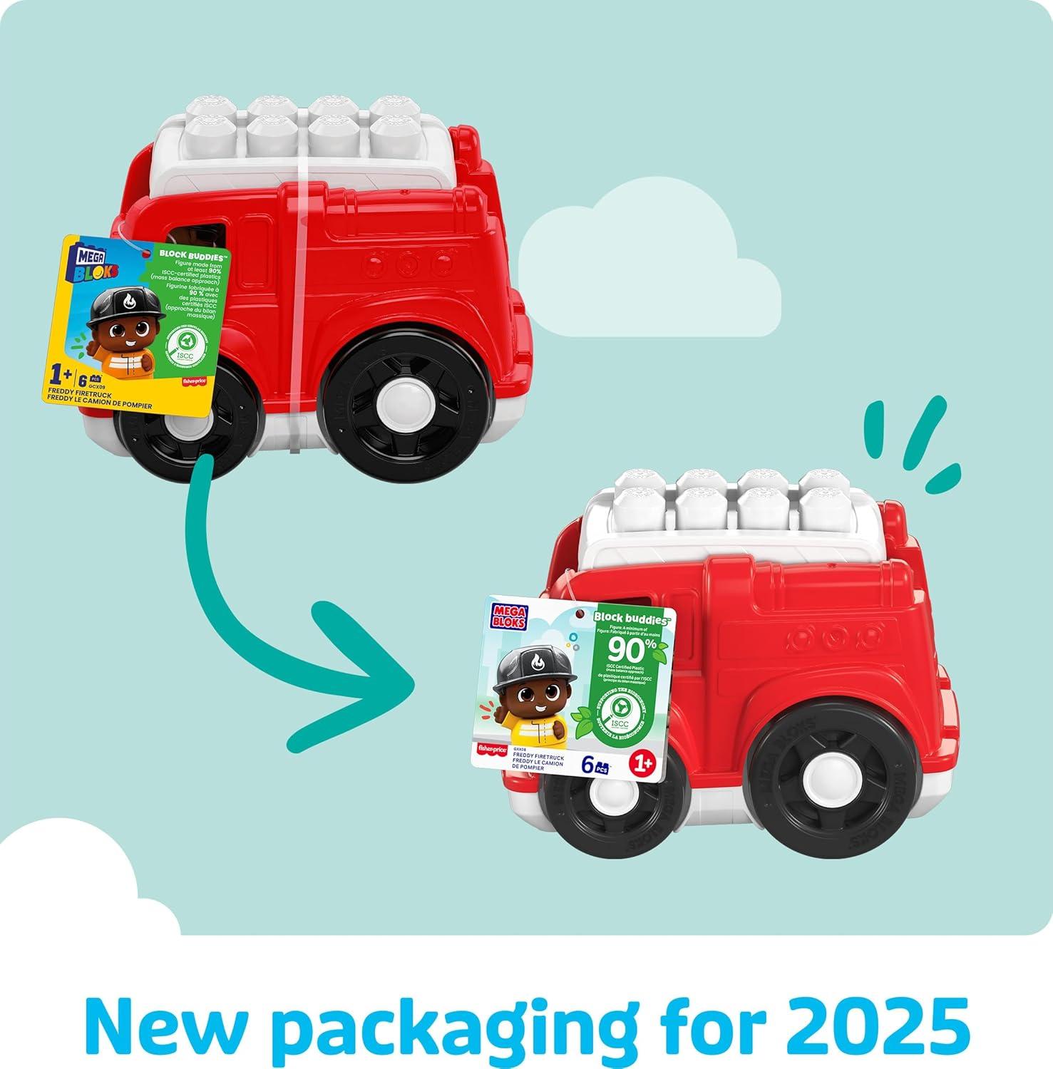 imageMEGA BLOKS First Builders Toddler Building Blocks Toy Set Freddy Firetruck with 6 Pieces and Storage 1 Figure Red Ages 1 Years