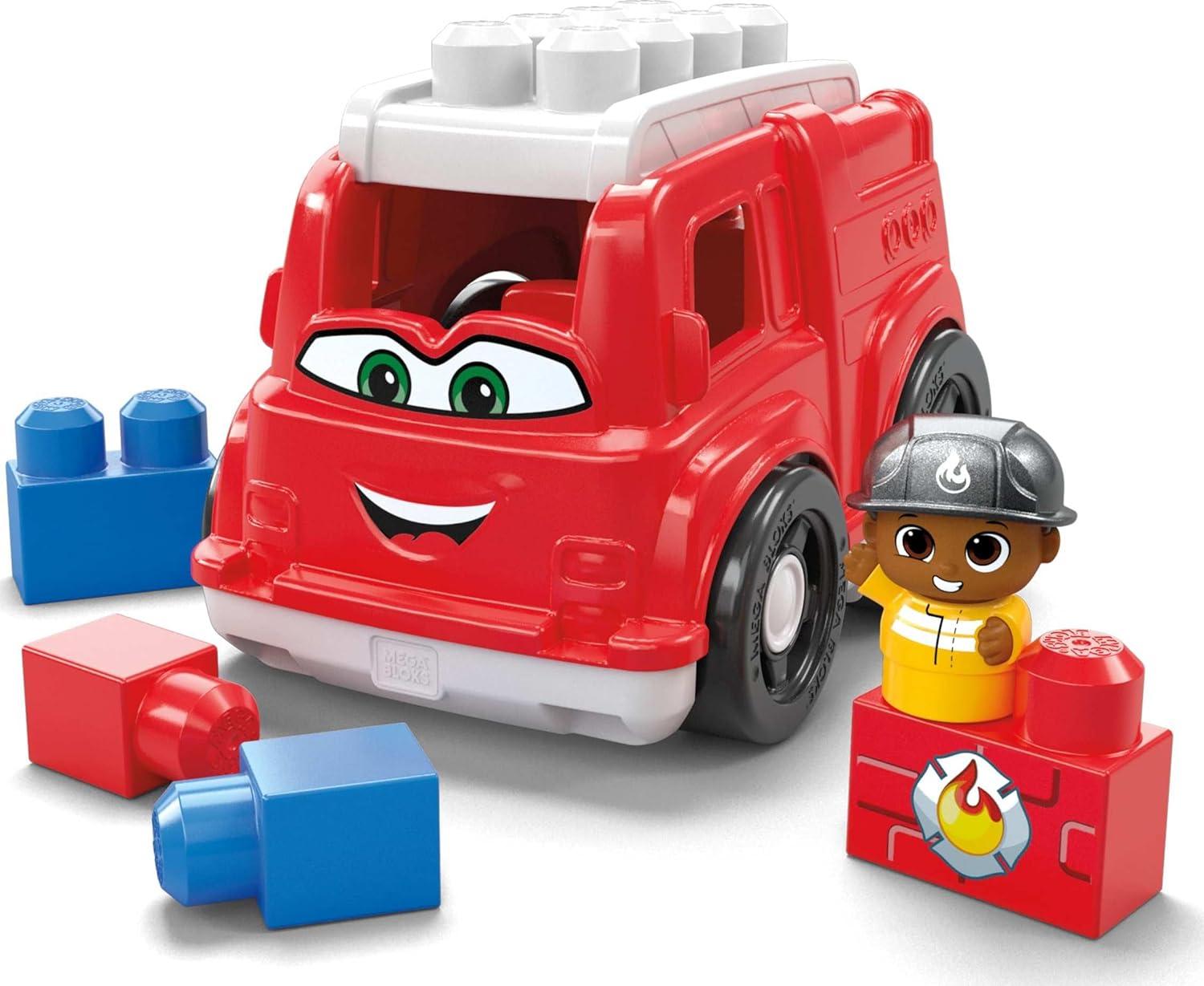 imageMEGA BLOKS First Builders Toddler Building Blocks Toy Set Freddy Firetruck with 6 Pieces and Storage 1 Figure Red Ages 1 Years