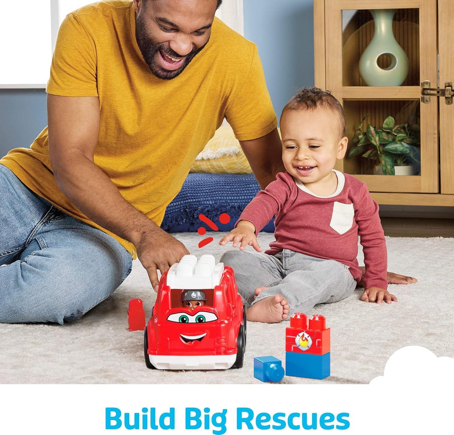 imageMEGA BLOKS First Builders Toddler Building Blocks Toy Set Freddy Firetruck with 6 Pieces and Storage 1 Figure Red Ages 1 Years