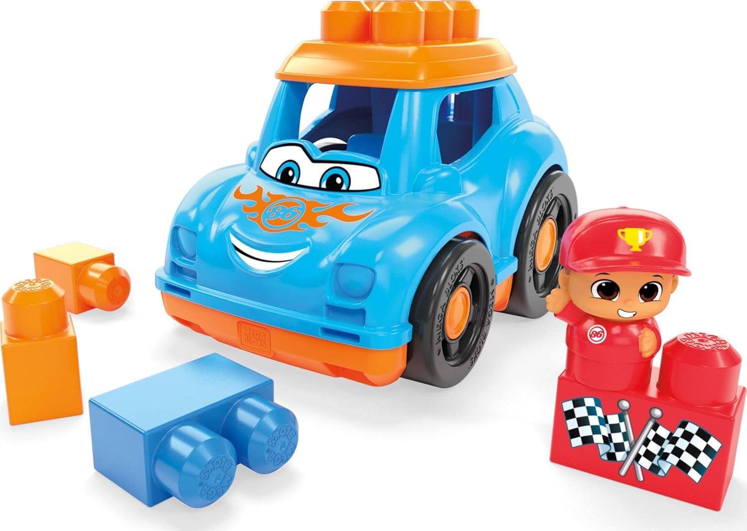 imageMEGA BLOKS First Builders Toddler Building Blocks Toy Set Ricky Race Car with 6 Pieces and Storage 1 Figure Blue Ages 1 YearsMulticolor