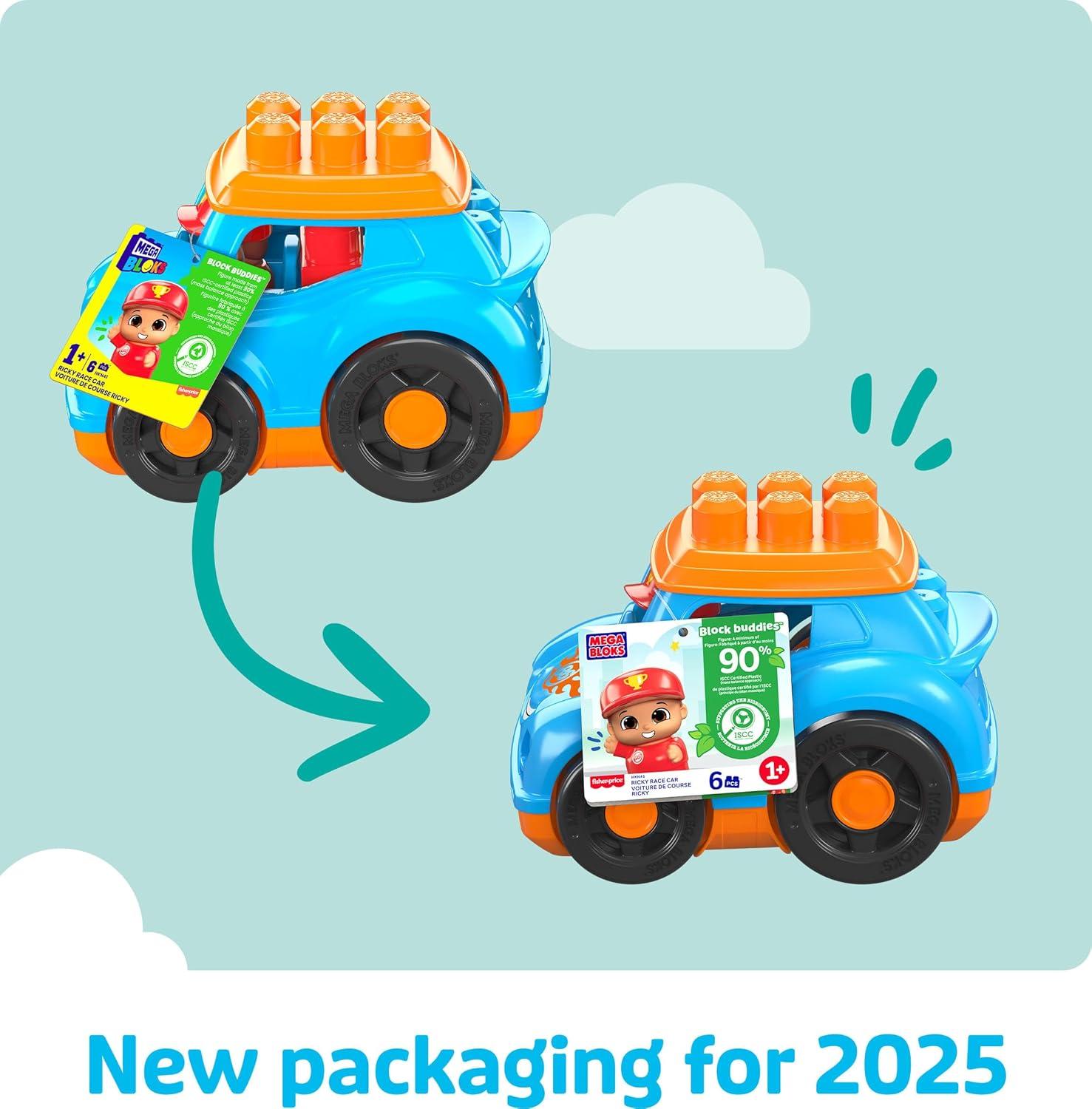 imageMEGA BLOKS First Builders Toddler Building Blocks Toy Set Ricky Race Car with 6 Pieces and Storage 1 Figure Blue Ages 1 YearsMulticolor