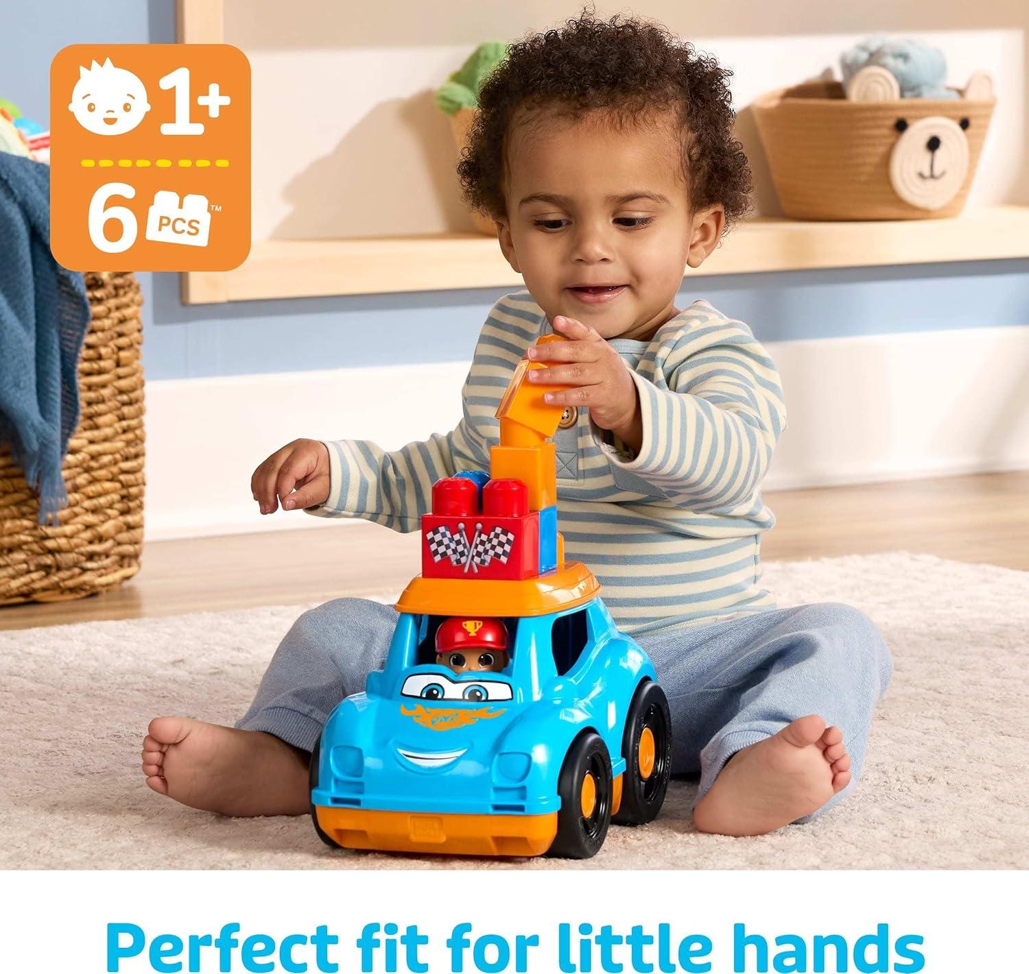 imageMEGA BLOKS First Builders Toddler Building Blocks Toy Set Ricky Race Car with 6 Pieces and Storage 1 Figure Blue Ages 1 YearsMulticolor
