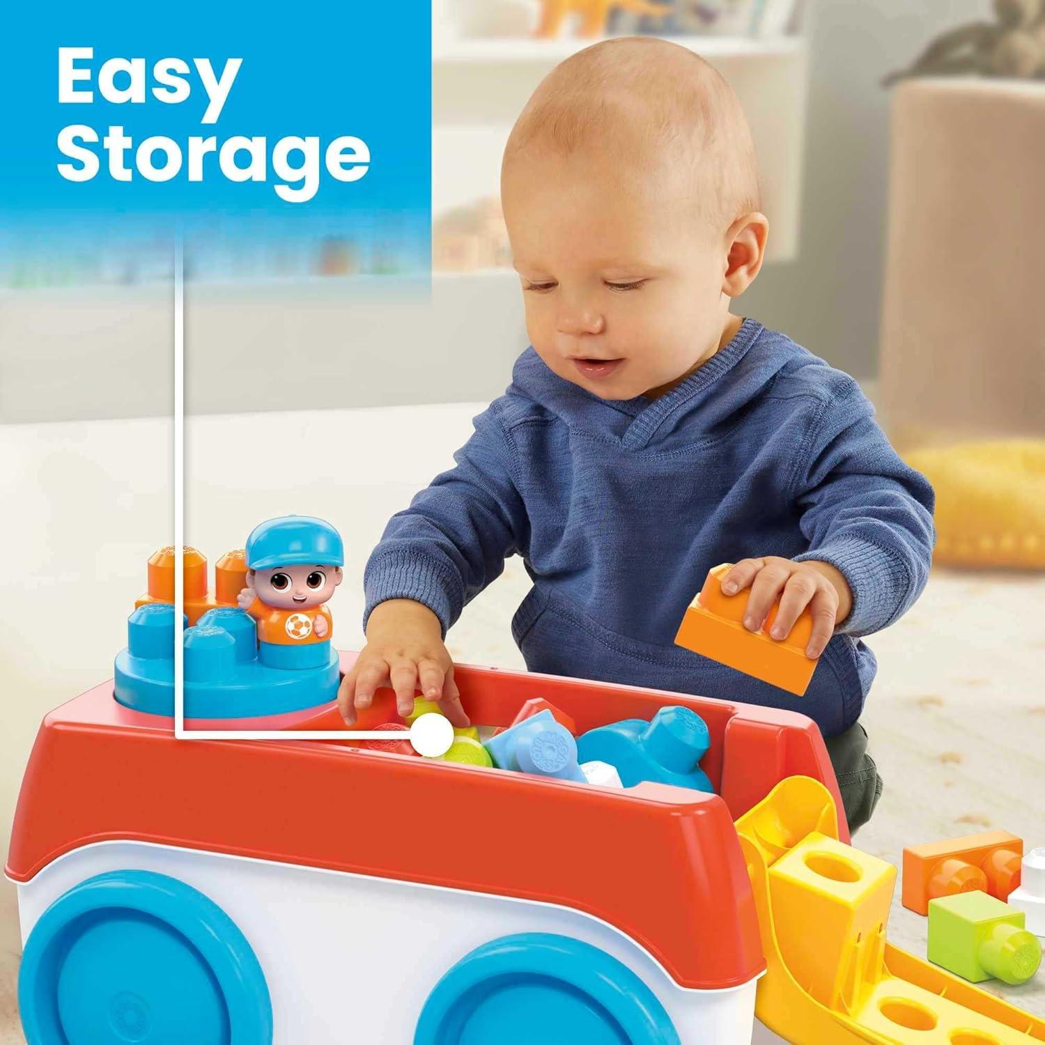 imageMEGA BLOKS First Builders Toddler Building Toy Set Block Spinning Wagon with 20 Pieces and Storage 1 Figure Ages 1 Years