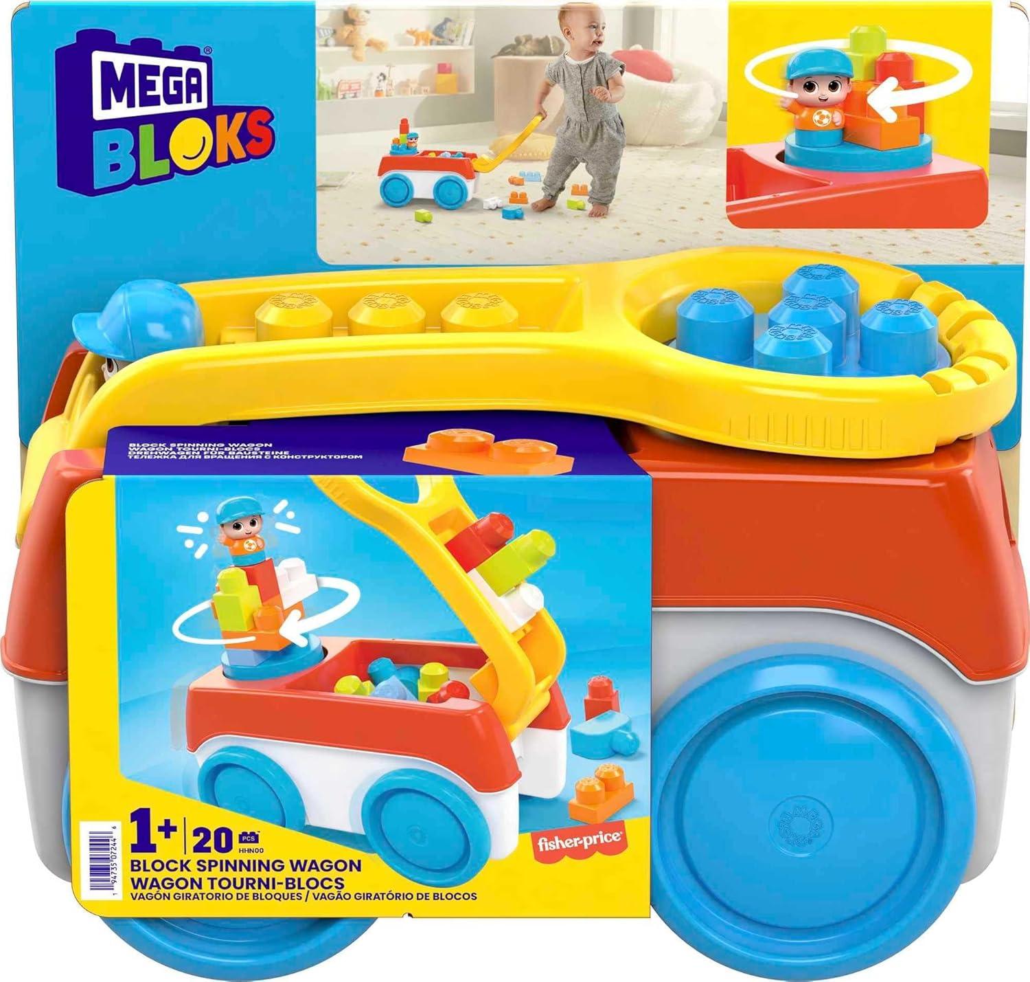 imageMEGA BLOKS First Builders Toddler Building Toy Set Block Spinning Wagon with 20 Pieces and Storage 1 Figure Ages 1 Years