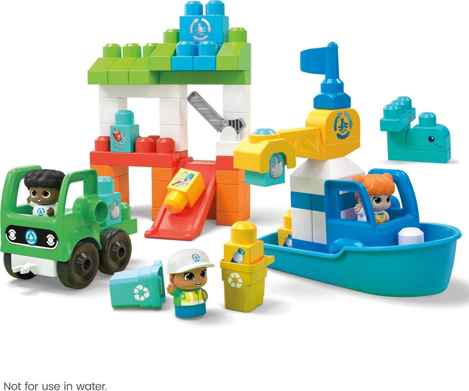 imageMEGA BLOKS FisherPrice Toddler Building Blocks Toy Set Green Town Ocean Time Clean Up with 70 Pieces 3 Figures Ages 1 Years