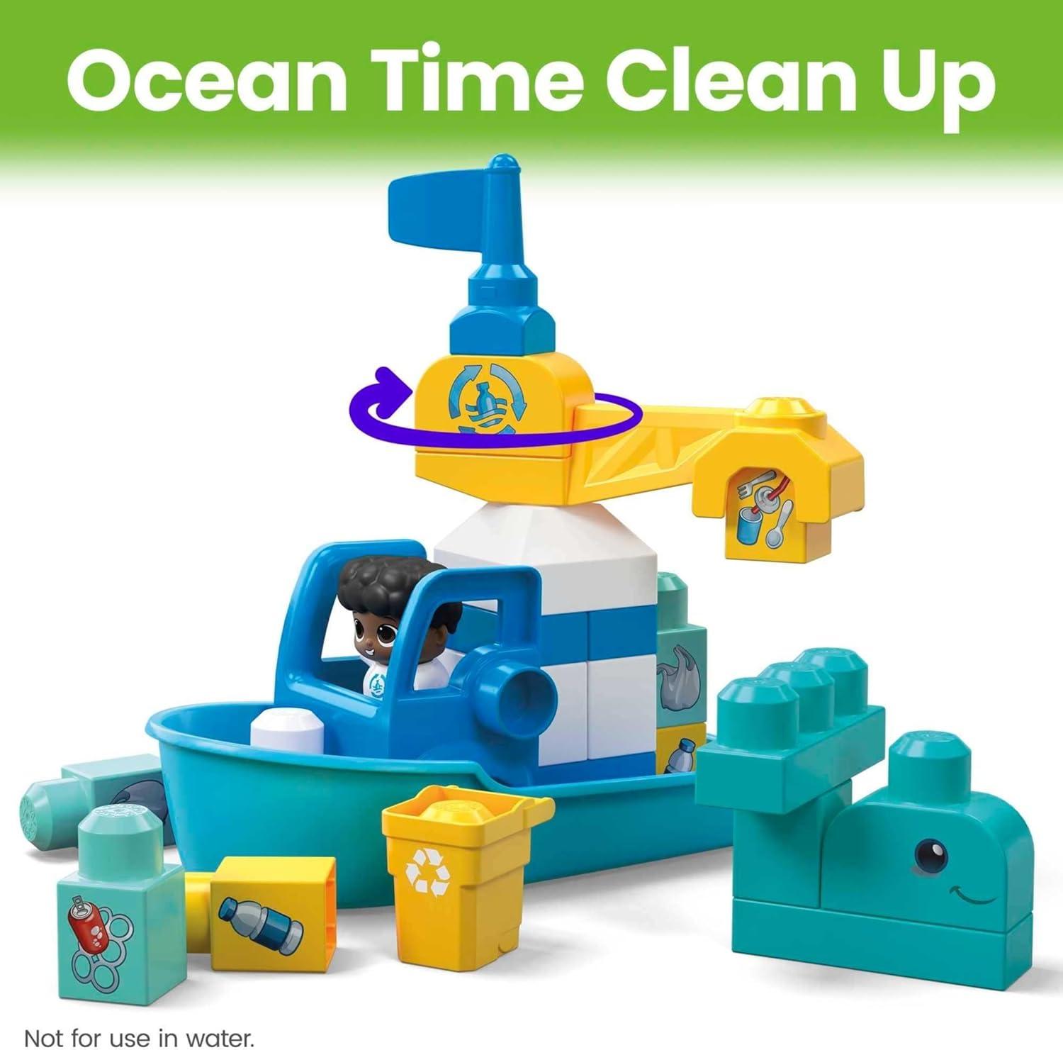 imageMEGA BLOKS FisherPrice Toddler Building Blocks Toy Set Green Town Ocean Time Clean Up with 70 Pieces 3 Figures Ages 1 Years