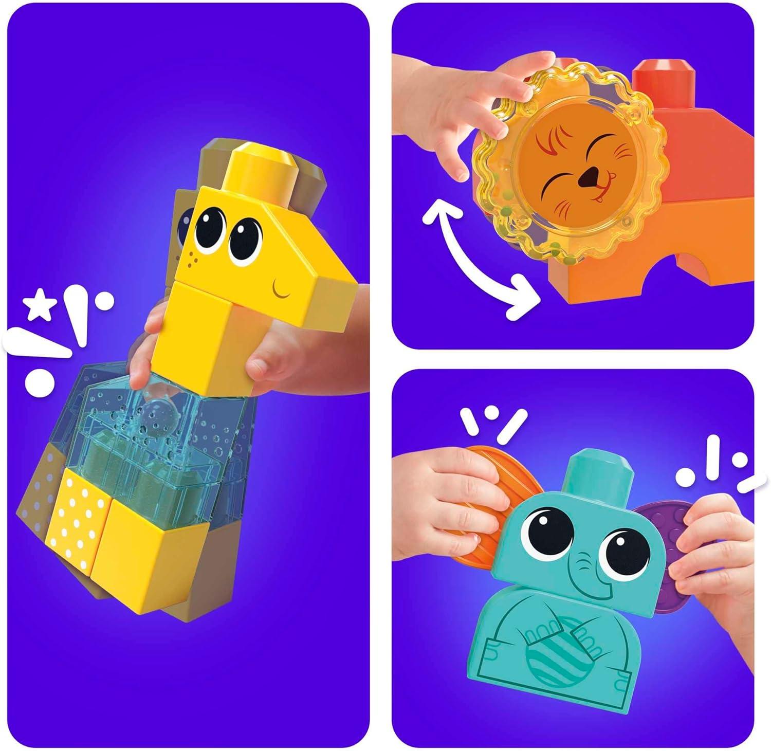 imageMEGA BLOKS FisherPrice Toddler Building Blocks Toy Set Rock n Rattle Safari with 15 Pieces 3 Buildable Animals Ages 1 YearsMulticolor