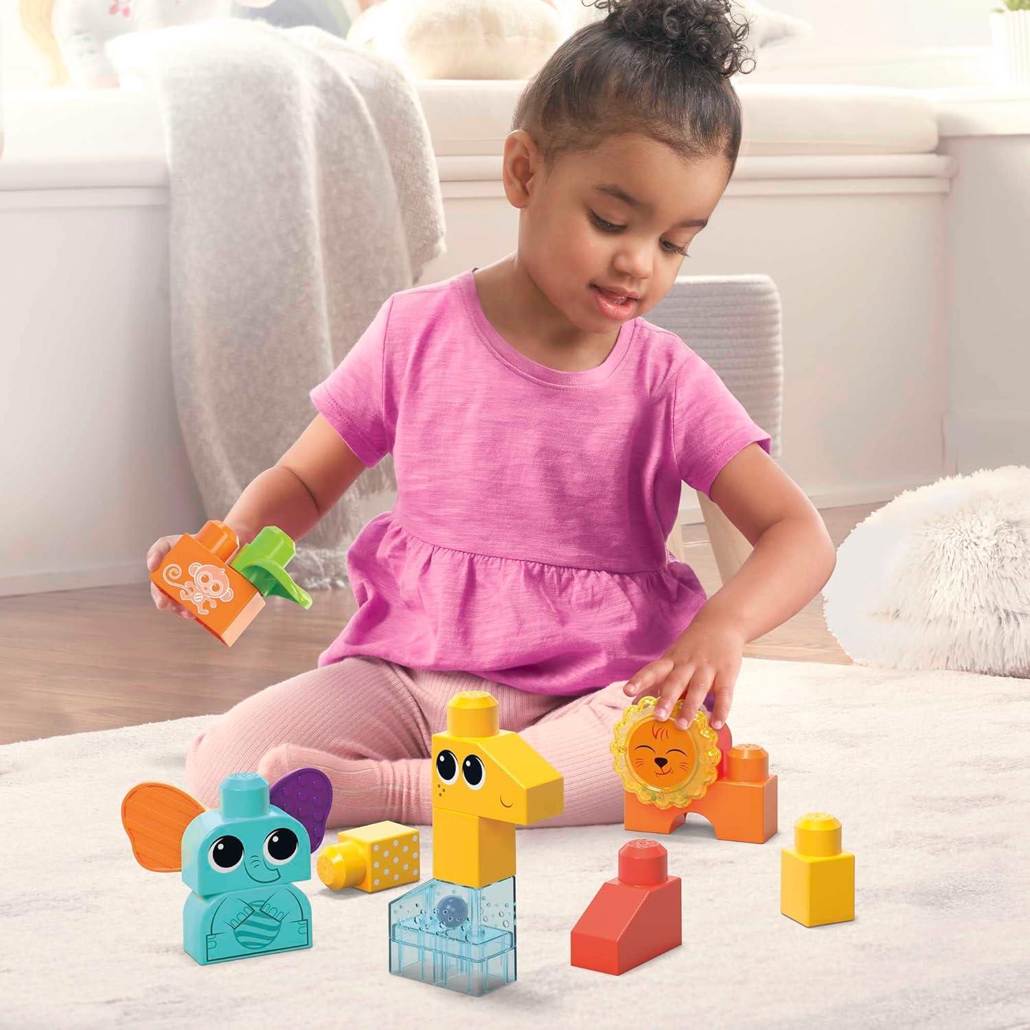 imageMEGA BLOKS FisherPrice Toddler Building Blocks Toy Set Rock n Rattle Safari with 15 Pieces 3 Buildable Animals Ages 1 YearsMulticolor