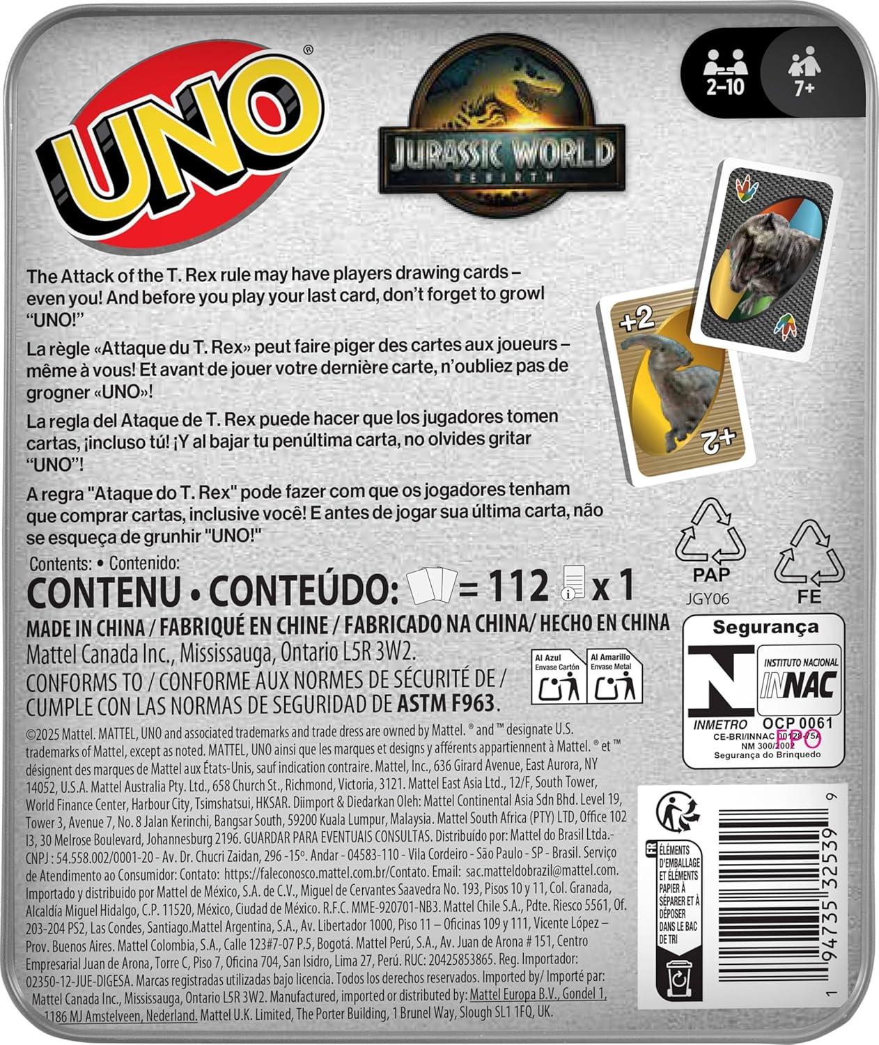 imageMattel Games UNO Card Game Gifts for Kids and Family Night Themed to Minecraft Video Game Travel Games Storage Tin Box Amazon ExclusiveUNO Jurassic World