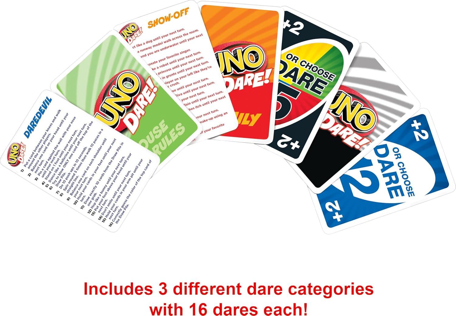imageMattel Games UNO Dare Card Game for Families ampamp Parties Featuring Challenging ampamp Silly Dares from 3 Different CategoriesDare