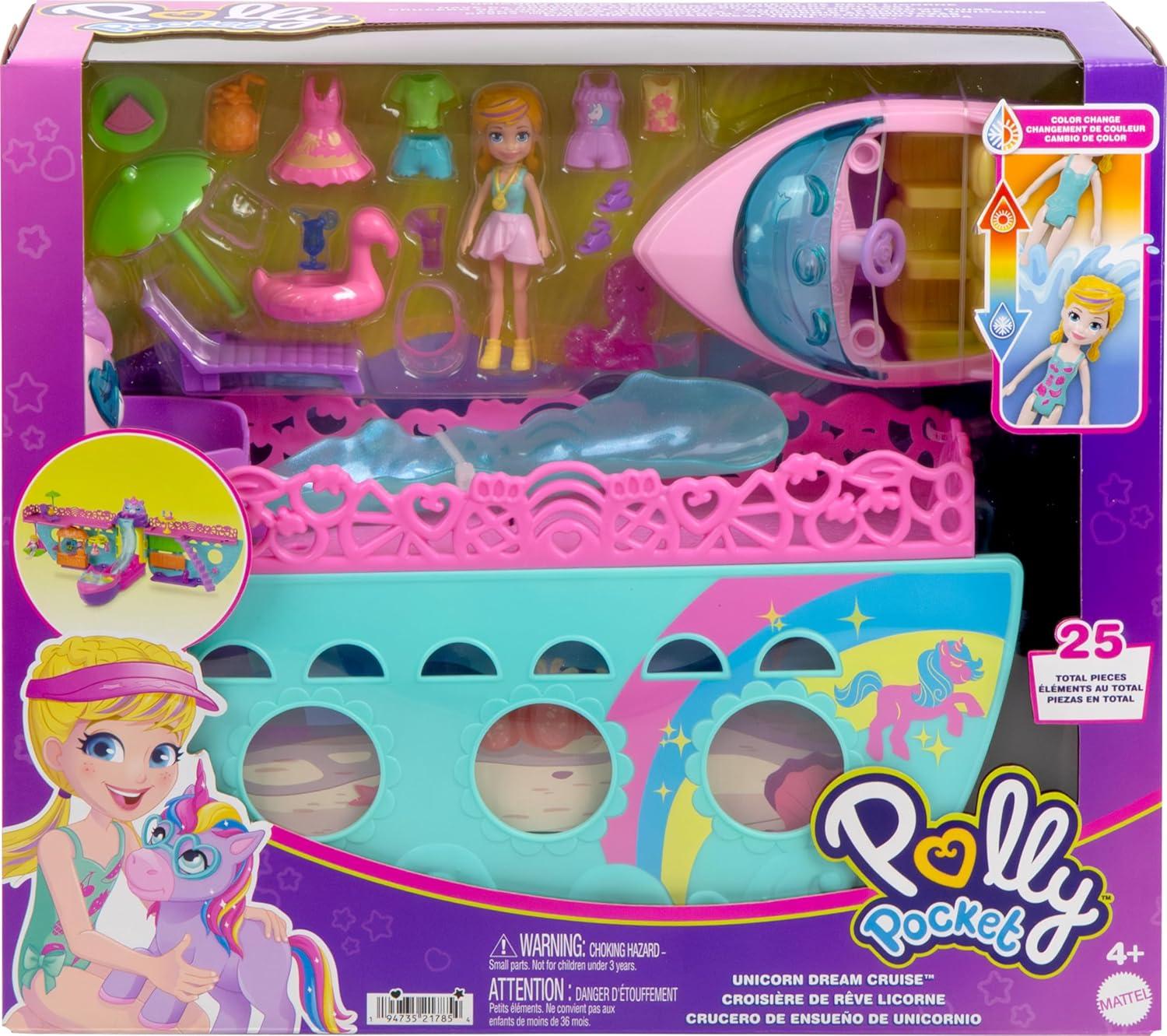 imagePolly Pocket Portable Boat Playset with Water Play and Color Change Accessories Unicorn Dream Cruise Includes 1 Doll and 23 Total Pieces Amazon Exclusive