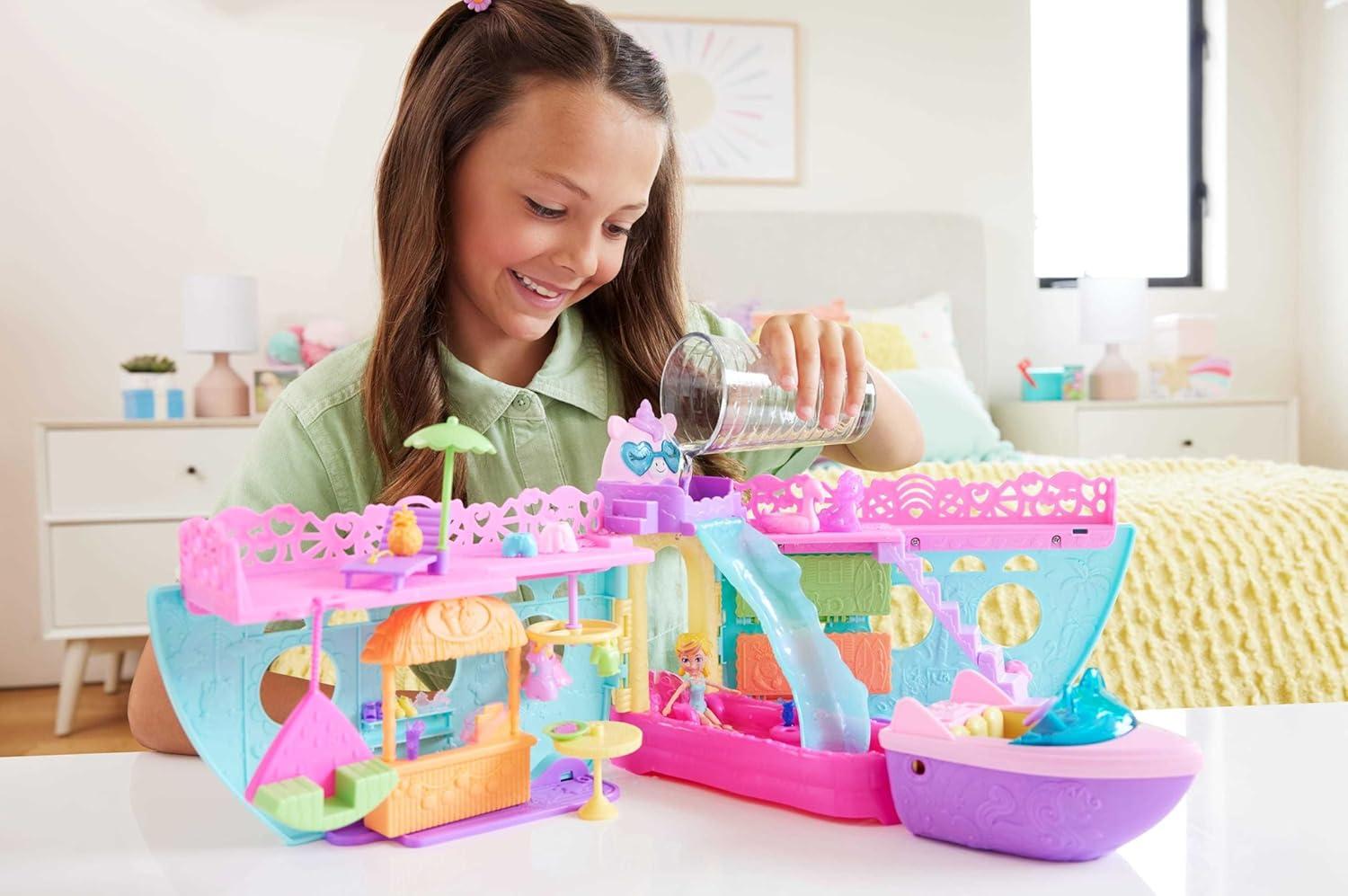 imagePolly Pocket Portable Boat Playset with Water Play and Color Change Accessories Unicorn Dream Cruise Includes 1 Doll and 23 Total Pieces Amazon Exclusive