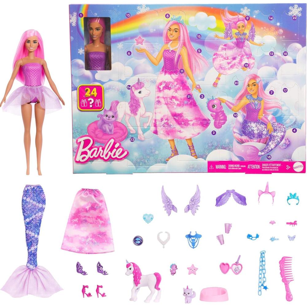 imageBarbie Advent Calendar with Doll ampamp 24 Surprise Toy Accessories Including Unicorn ampamp Pets Transform Fashion Doll into Mermaid Fairy ampamp MoreFantasy
