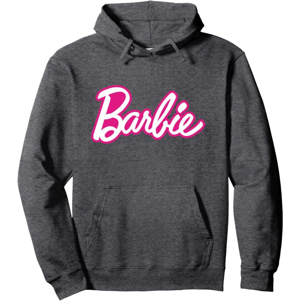 imageBarbie Current Pink and White Script Logo Pullover HoodieDark Heather Grey