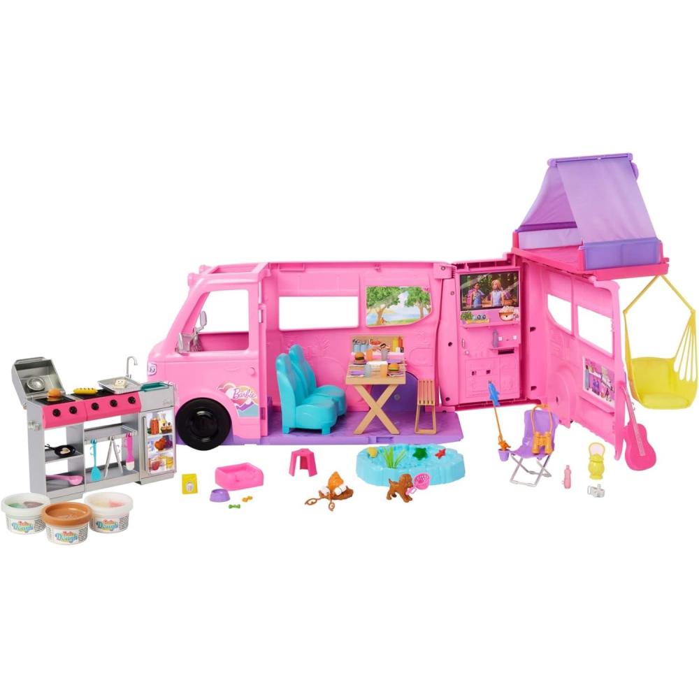 imageBarbie Dream Camper New for 2025 Playset with Roof Tent Swing Chair Fishing Pond BBQ Grill with ColorChange Feature ampamp 60 Accessories Including Dough