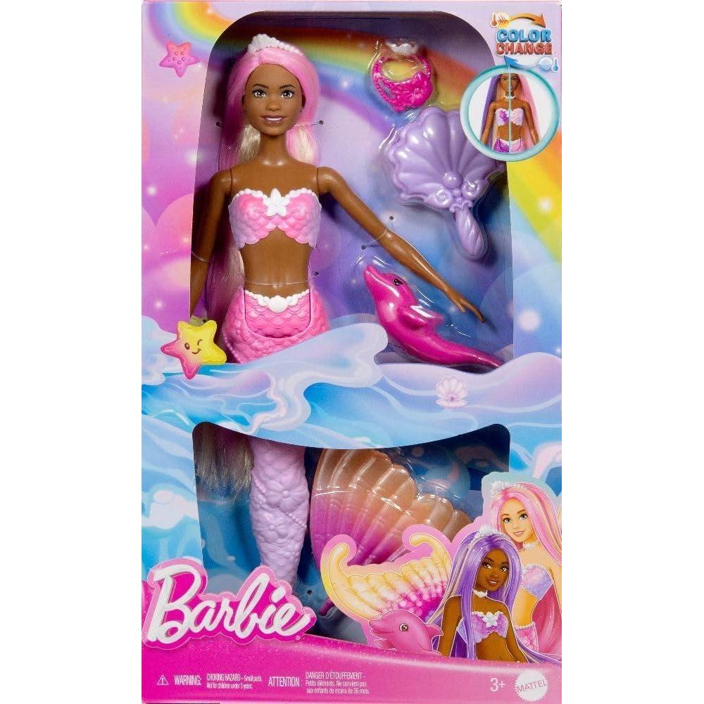 imageBarbie Mermaid Doll Malibu with Pink Hair Styling Accessories Pet Dolphin and WaterActivated Color Change Feature Amazon ExclusiveMulticolour
