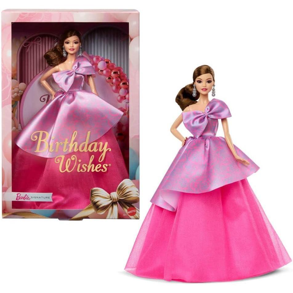imageBarbie Signature Birthday Wishes Doll Collectible Fashion Doll in Satiny Pink Dress with Wavy Brown Hair and Giftable Packaging