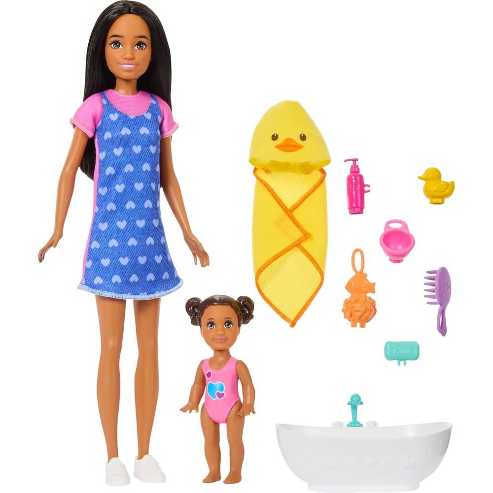 imageBarbie Skipper Babysitters Inc Playset with Brunette Doll Brunette Toddler Doll High Chair ampamp 8 Accessories Including Food 2Bath Friend