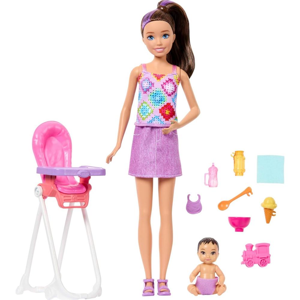 imageBarbie Skipper Babysitters Inc Playset with Brunette Doll Brunette Toddler Doll High Chair ampamp 8 Accessories Including Food 2Highchair Skipper