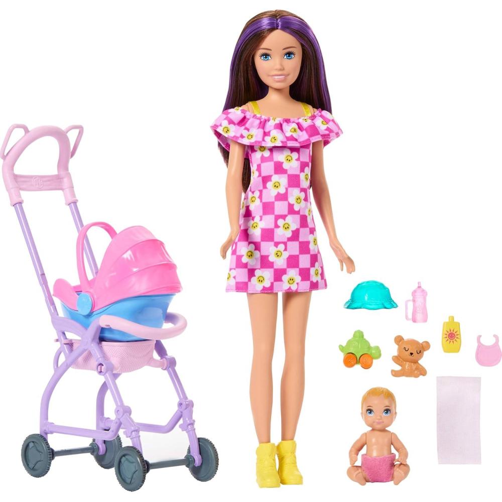 imageBarbie Skipper Babysitters Inc Playset with Brunette Doll Brunette Toddler Doll High Chair ampamp 8 Accessories Including Food 2Stroller