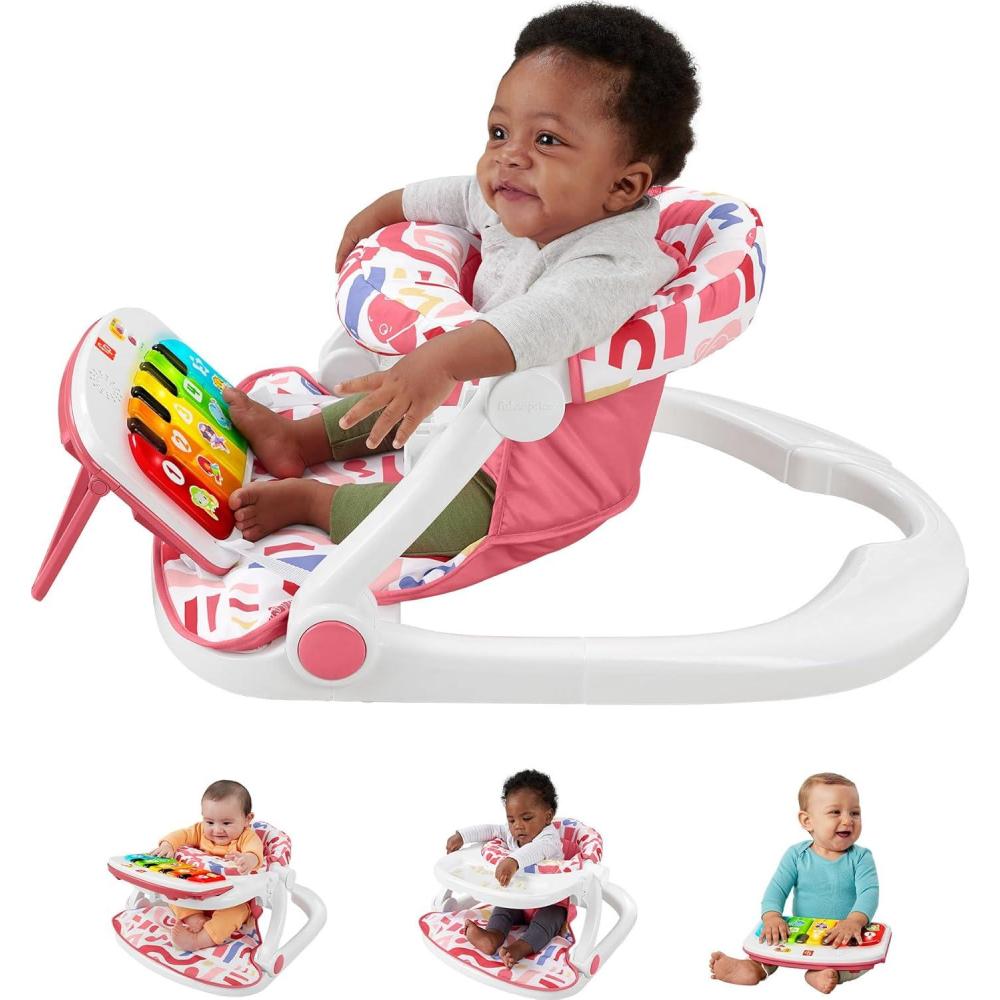 imageFisherPrice Baby Portable Chair Deluxe Kick ampamp Play SitMeUp Floor Seat with Piano Learning Toy ampamp Snack Tray for Infants to ToddlersPink