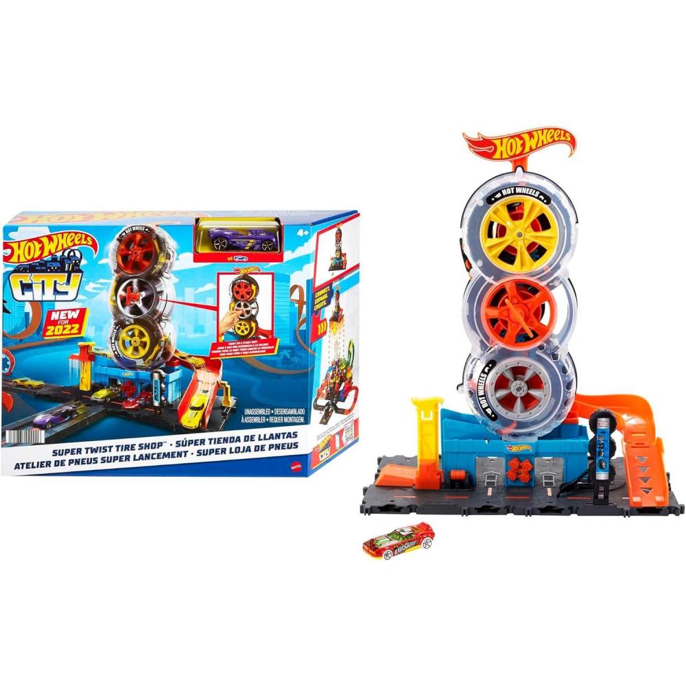 imageHot Wheels City Super Twist Tire Shop Playset Spin The Key to Make Cars Travel Through The Tires Includes 1 Car Gift for Kids 4 to 8 Years Old Amazon ExclusiveTranslucent Box