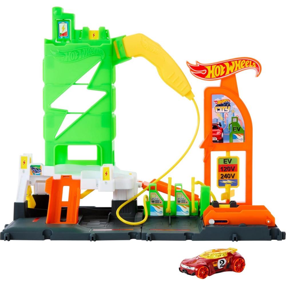 imageHot Wheels City Track Set Super Recharge Fuel Station Playset with EV Chargers ampamp 164 Scale Toy Car