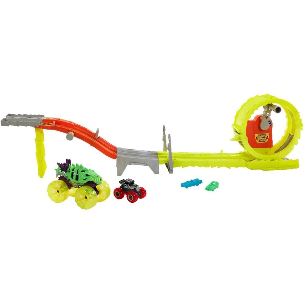 imageHot Wheels Monster Trucks Track Set with 2 Toy Trucks Oversized Skelesaurus ampamp 164 Scale Bone Shaker Charge ampamp Chase Challenge with 2 Crushed Cars