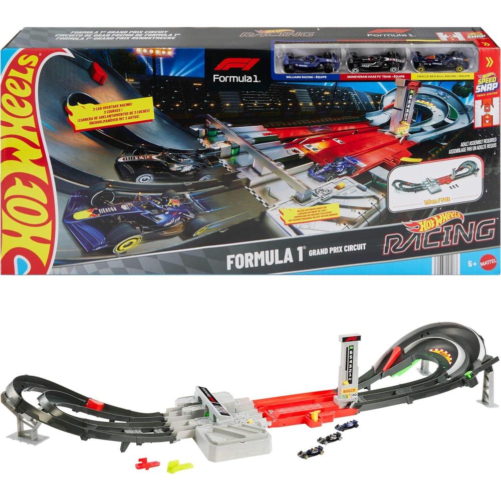imageHot Wheels Toy Car Track Set Formula 1 Grand Prix Circuit Track Set with 3 164 Scale DieCast Toy Cars Two Modes of Racing with a Motorized BoosterTrack