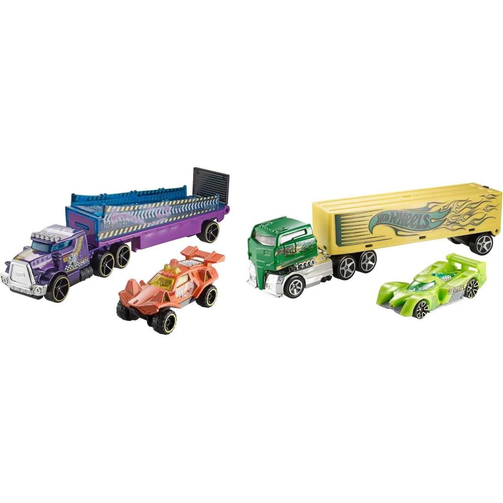 imageHot Wheels Toy Car ampamp Truck Super Rigs 164 Scale Race Car ampamp Matching Semi Truck Transporter Styles May Vary