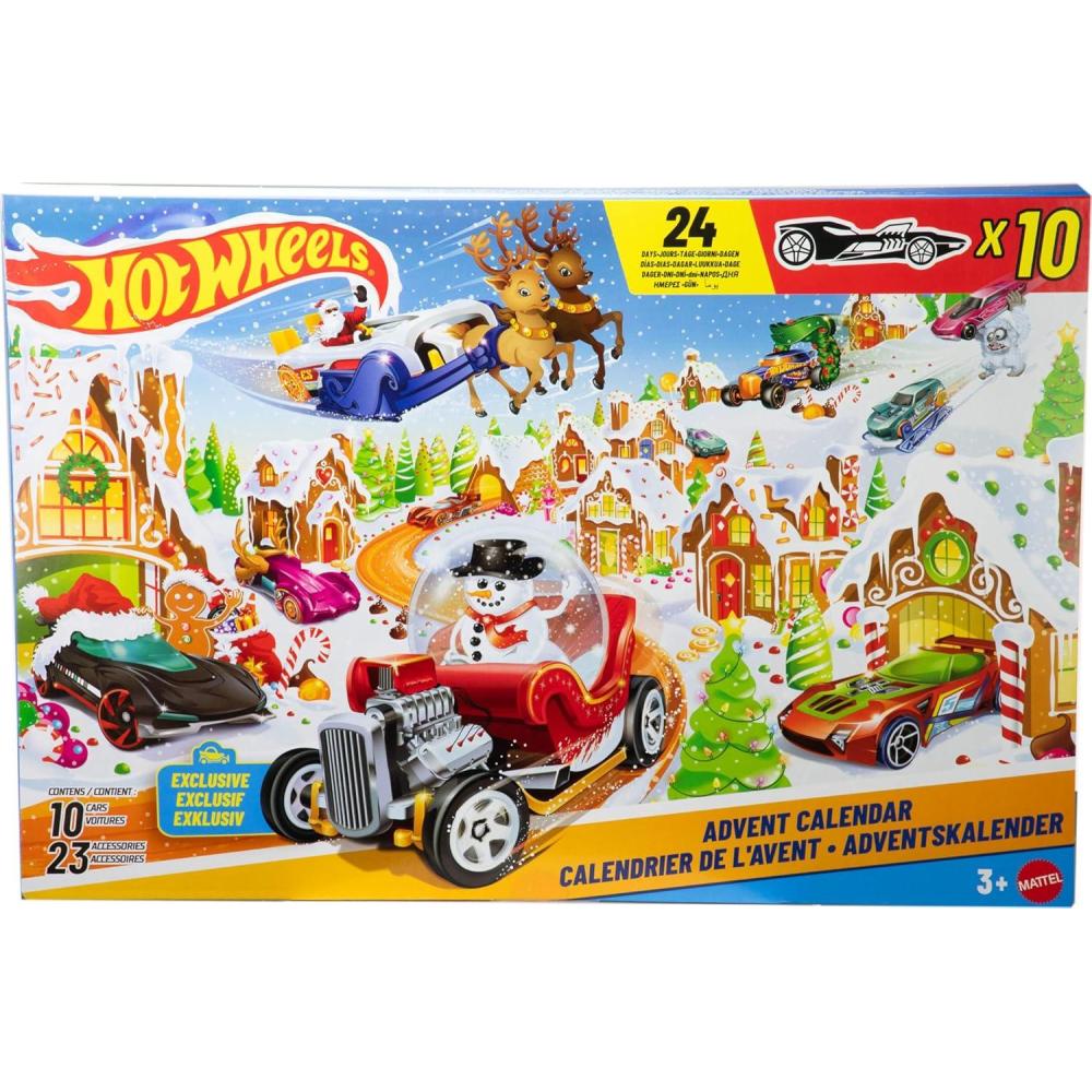 imageHot Wheels Toy Cars ampamp Playset 2025 Advent Calendar with 10 Vehicles in 164 Scale 10 Ornament Clips ampamp 14 WinterThemed Accessories