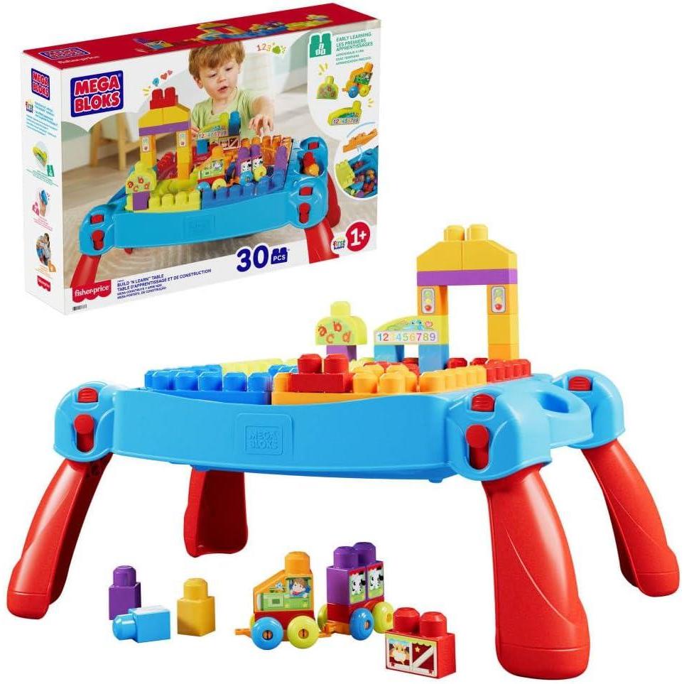 imageMEGA BLOKS First Builders Toddler Blocks Toy Build n Learn Portable Activity Table with 30 Pieces and Builtin Storage Blue Kids Ages 1 Years Amazon Exclusive