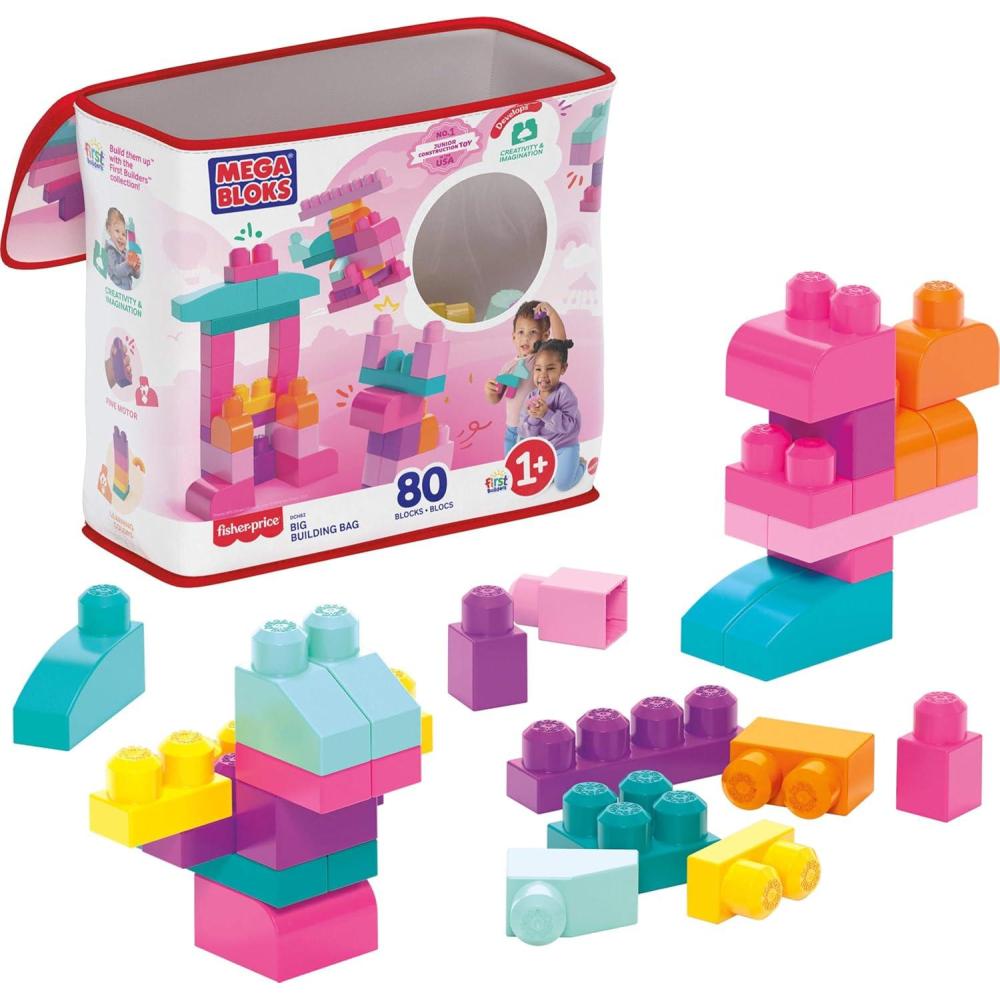imageMEGA BLOKS First Builders Toddler Blocks Toys Set Big Building Bag Collection with 80 Pieces and Storage Pink Ages 1 YearsMulticolor