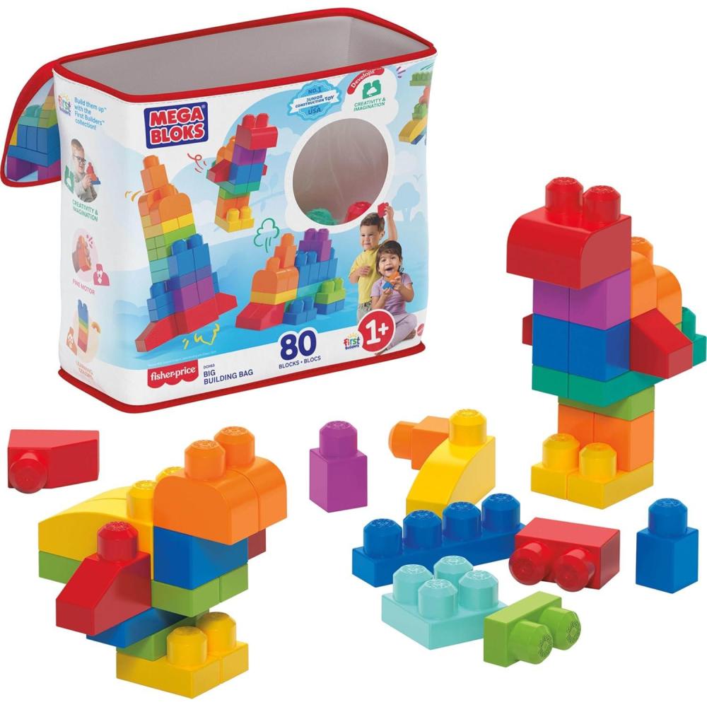 imageMEGA BLOKS First Builders Toddler Blocks Toys Set Big Building Bag with 80 Pieces and Storage Ages 1 Years